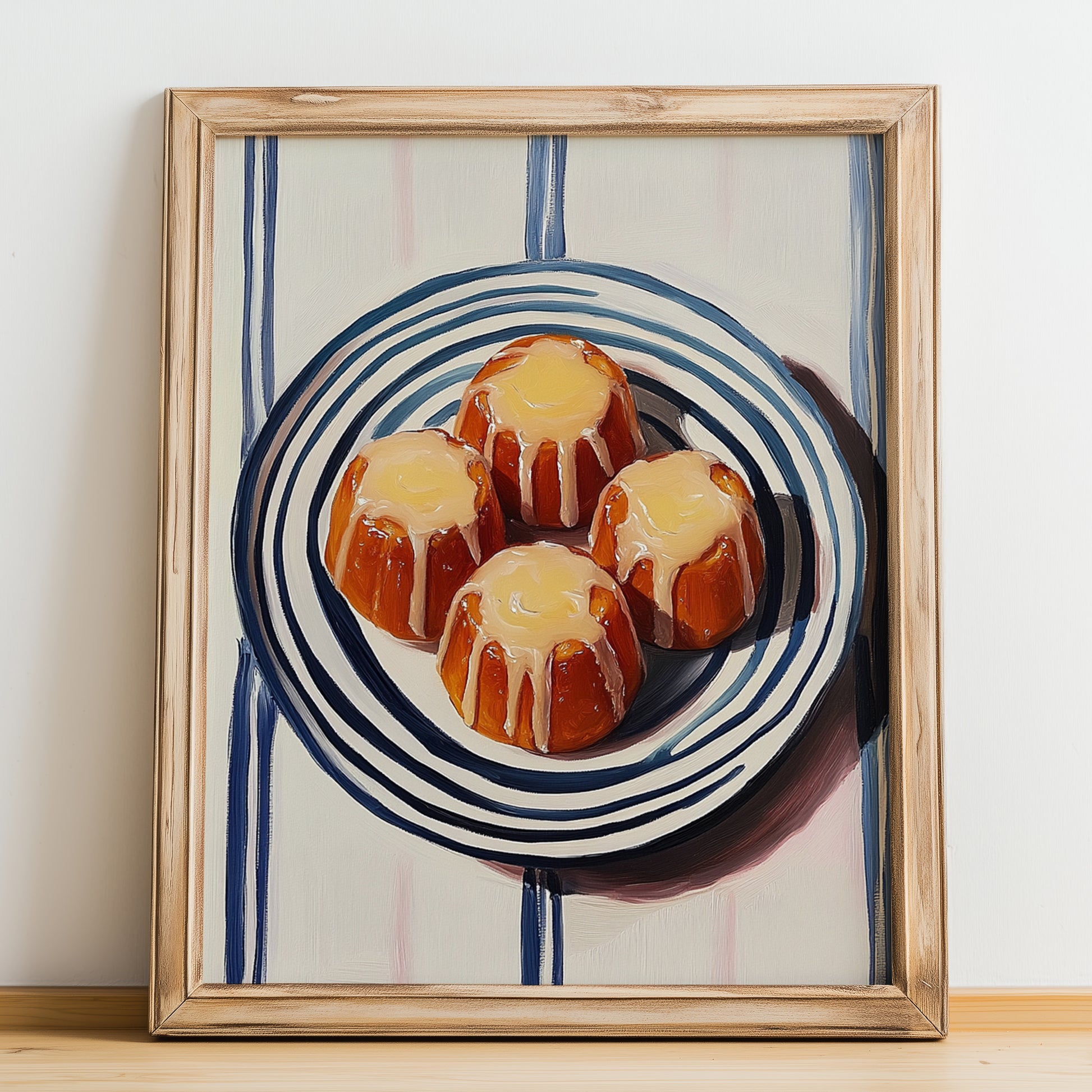Canelés de Bordeaux – on Striped Tablecloth, French French Pastry Still Life, no-text version framed in wood