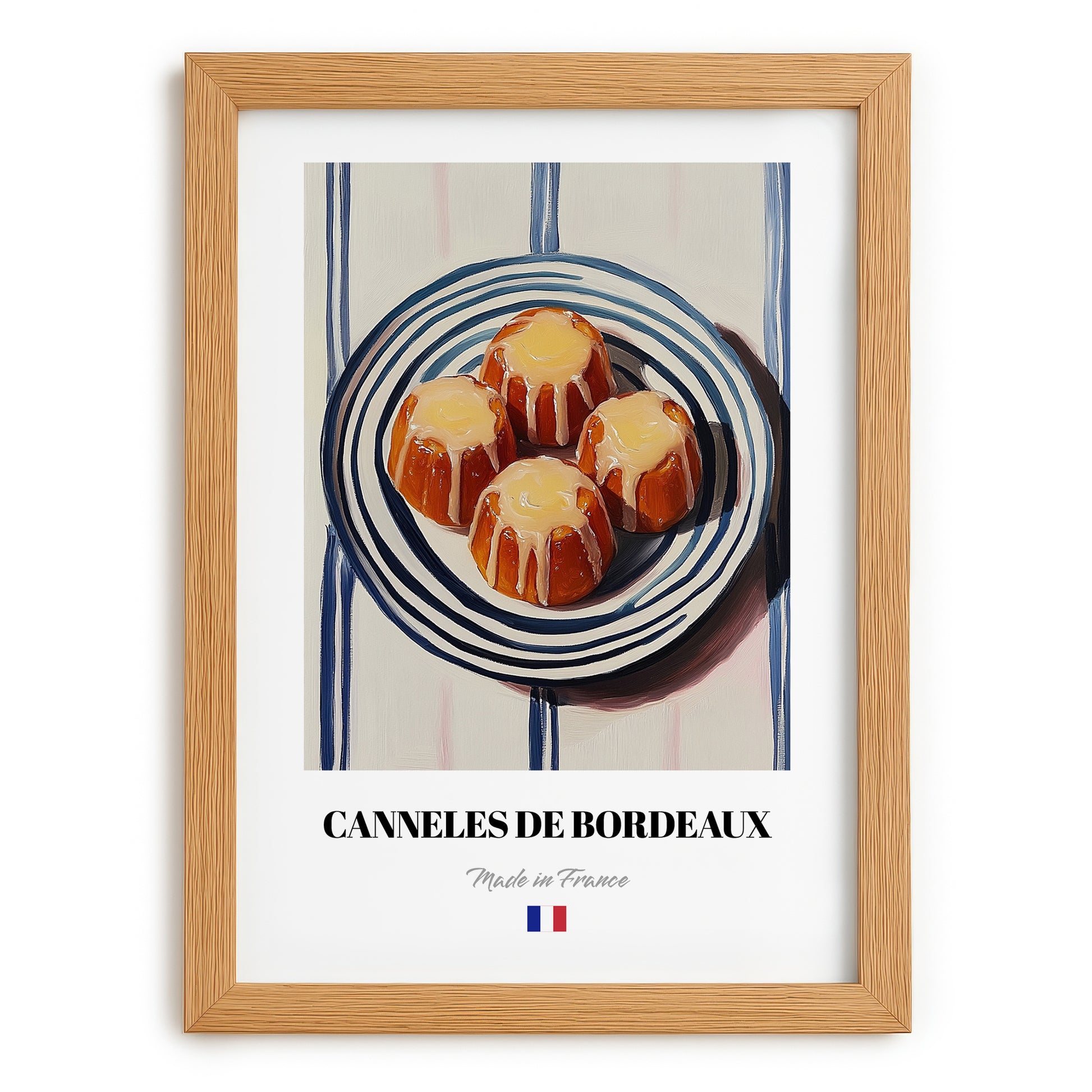 Canelés de Bordeaux – on Striped Tablecloth, French French Pastry Still Life, set in oak frame