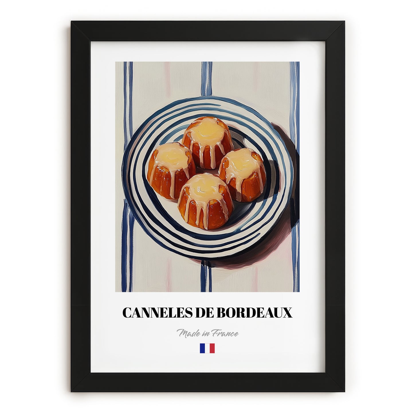 Canelés de Bordeaux – on Striped Tablecloth, French French Pastry Still Life, in sleek black frame