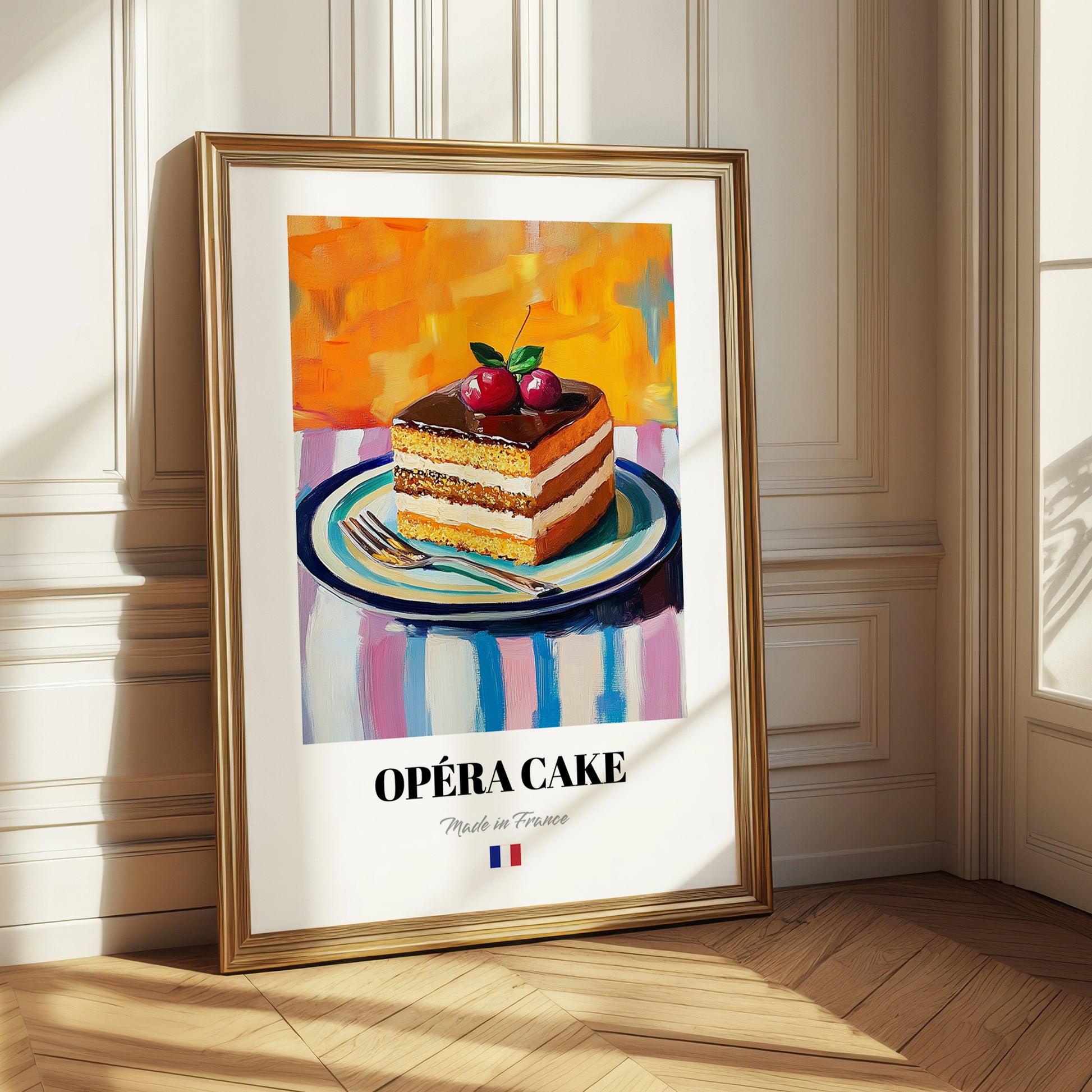 Opéra Cake – Colorful Oil Painting, French French Dessert Painting 