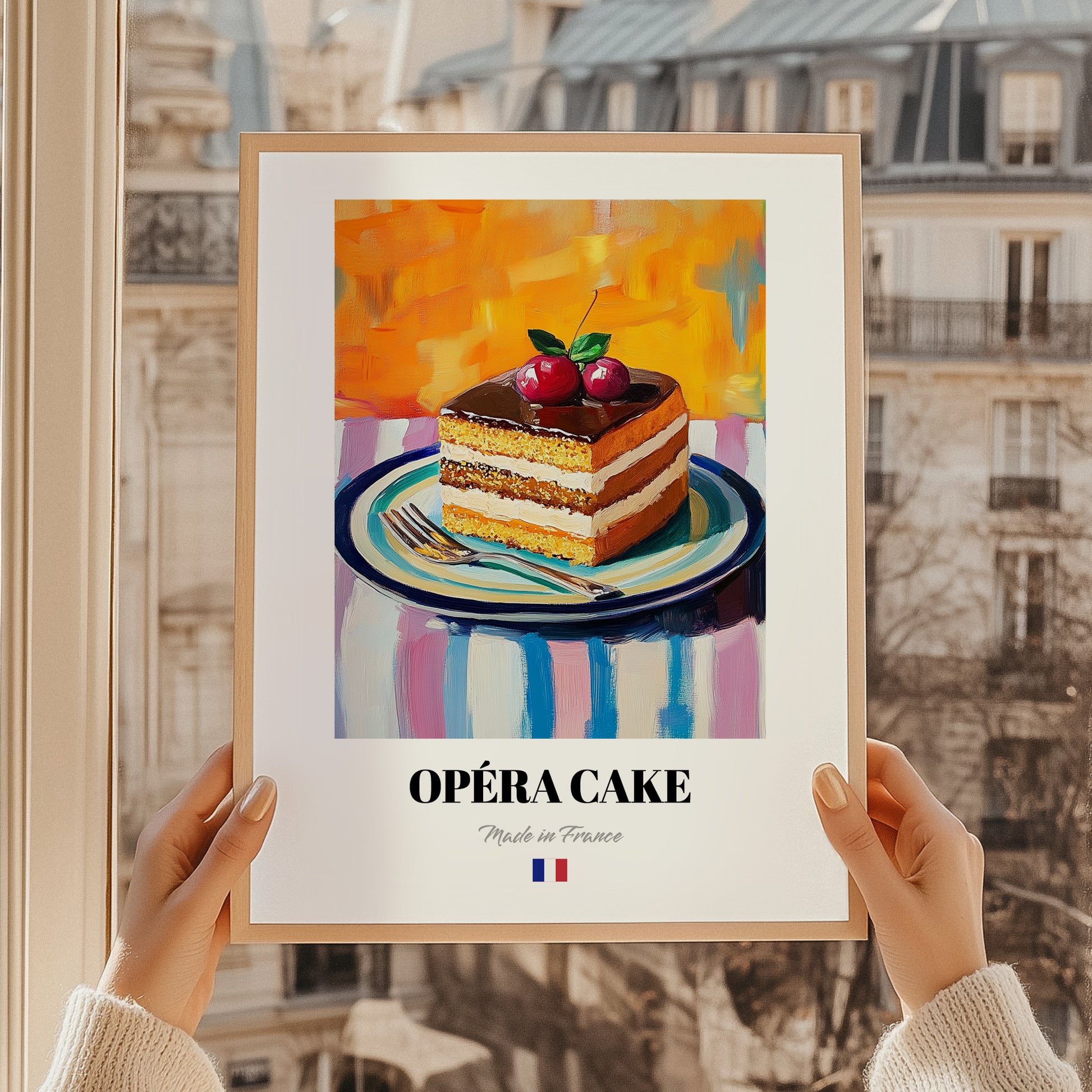 Opéra Cake – Colorful Oil Painting, French French Dessert Painting, styled in a charming Paris street view