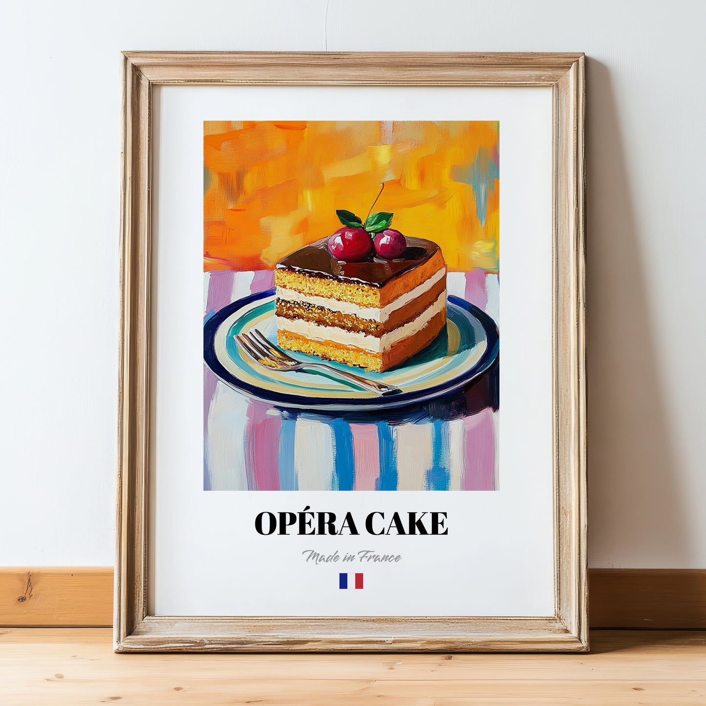 Opéra Cake – Colorful Oil Painting, French French Dessert Painting, in wooden frame leaning on the floor