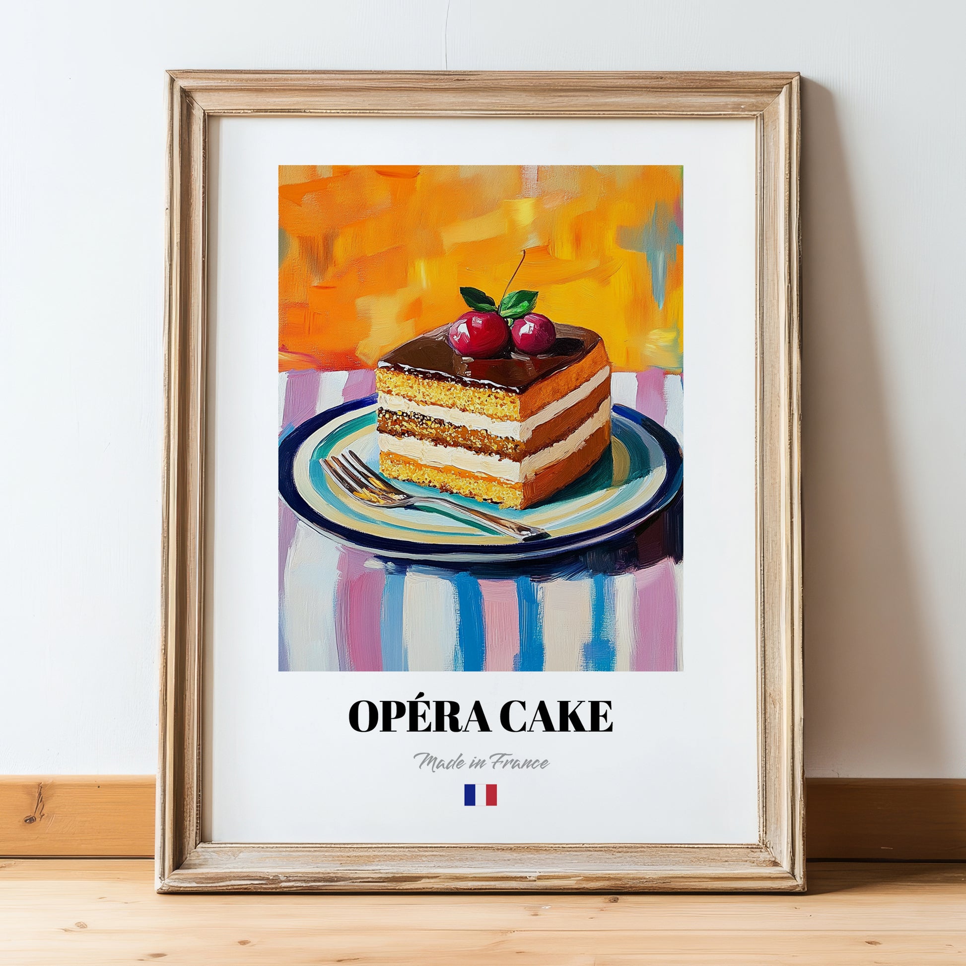 Opéra Cake – Colorful Oil Painting, French French Dessert Painting, in wooden frame leaning on the floor