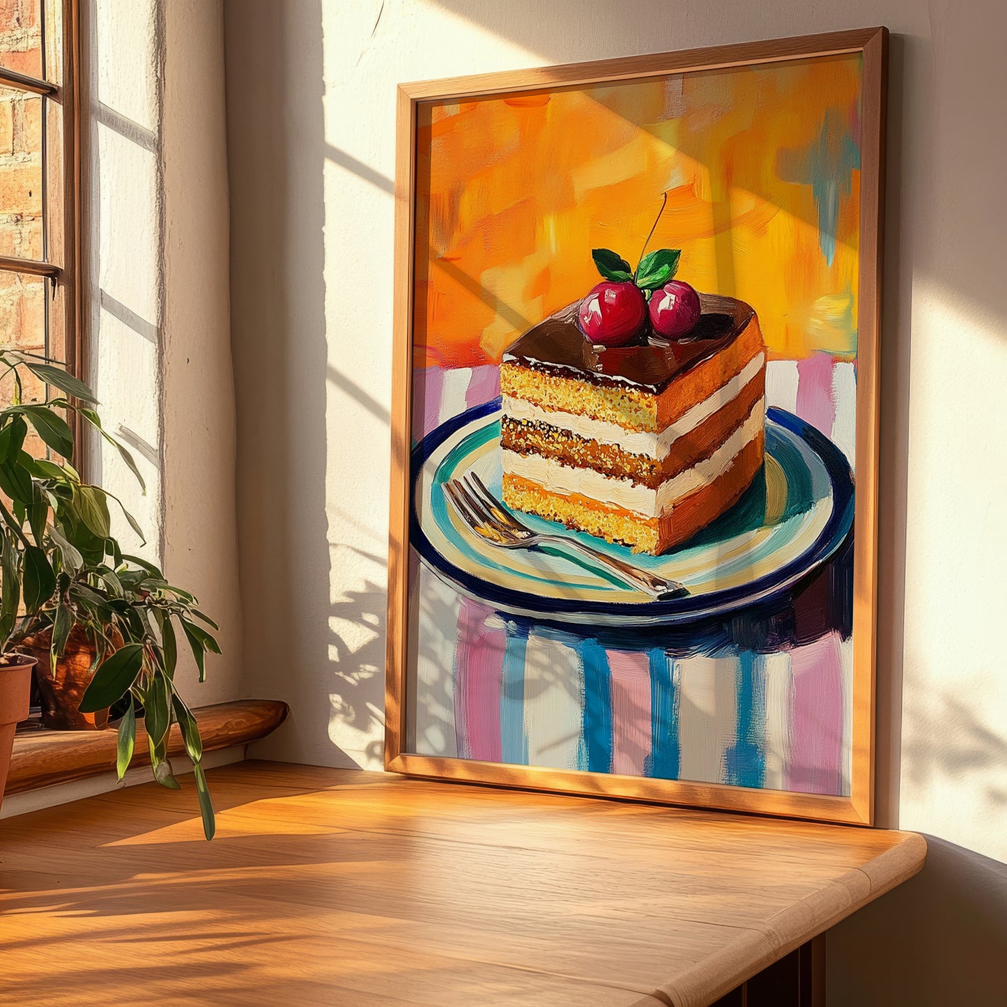 Opéra Cake – Colorful Oil Painting, French French Dessert Painting, clean layout with no caption