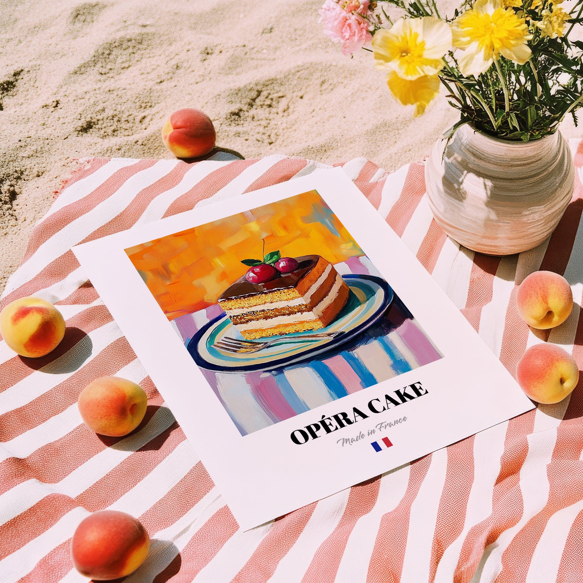 Opéra Cake – Colorful Oil Painting, French French Dessert Painting, unframed on coastal sand