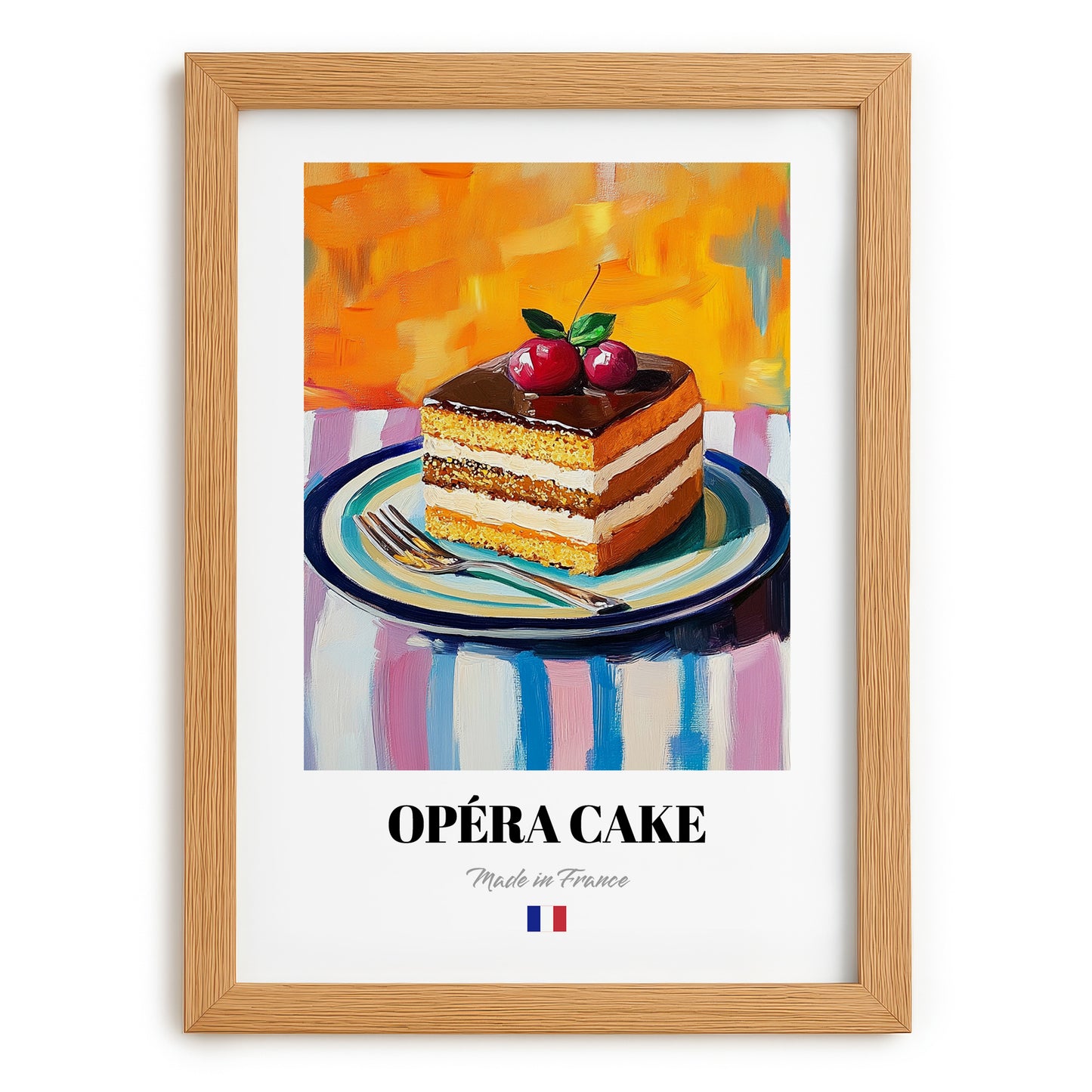 Opéra Cake – Colorful Oil Painting, French French Dessert Painting, set in oak frame