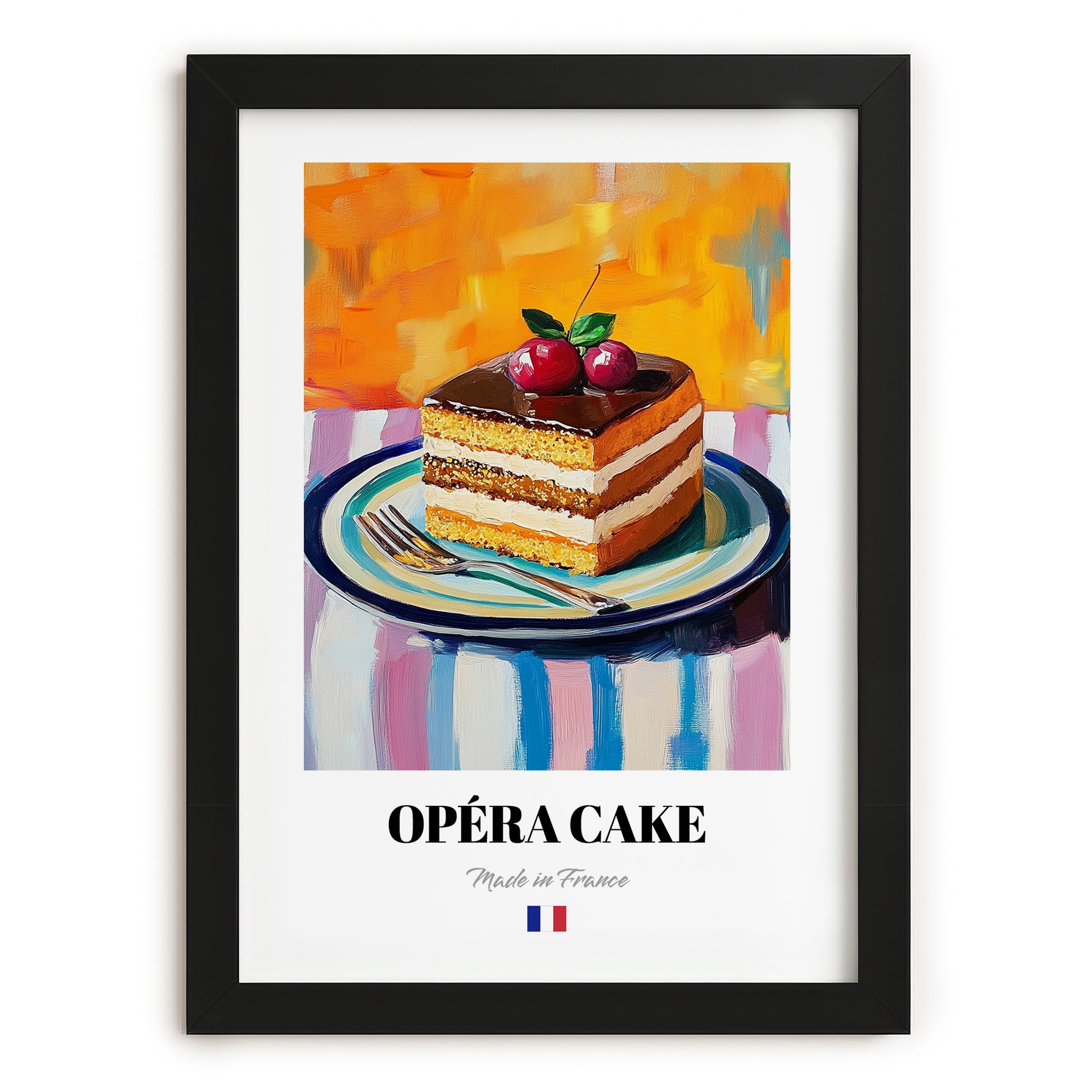 Opéra Cake – Colorful Oil Painting, French French Dessert Painting, in sleek black frame