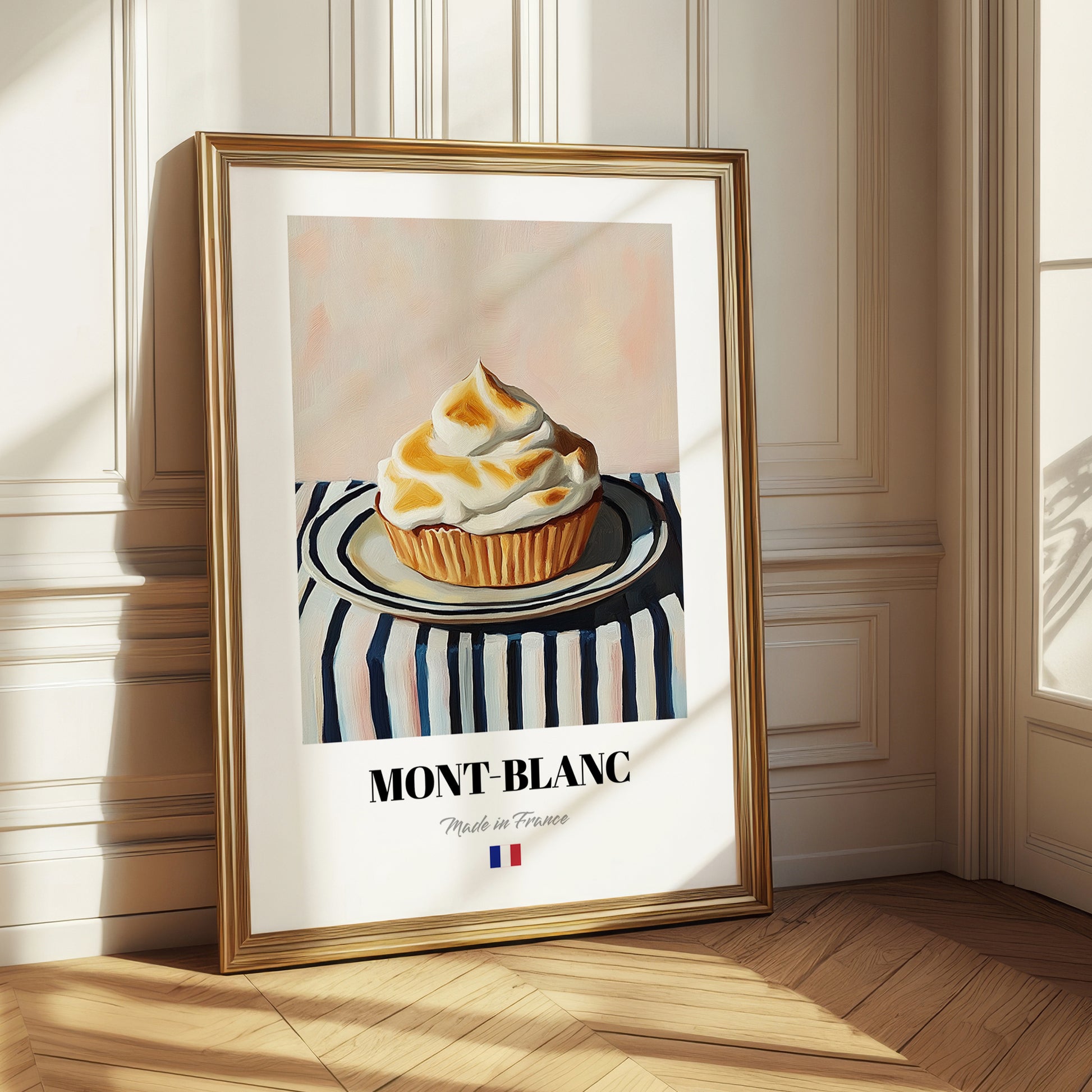 Mont-Blanc – on Striped Tablecloth, French French Dessert Still Life 