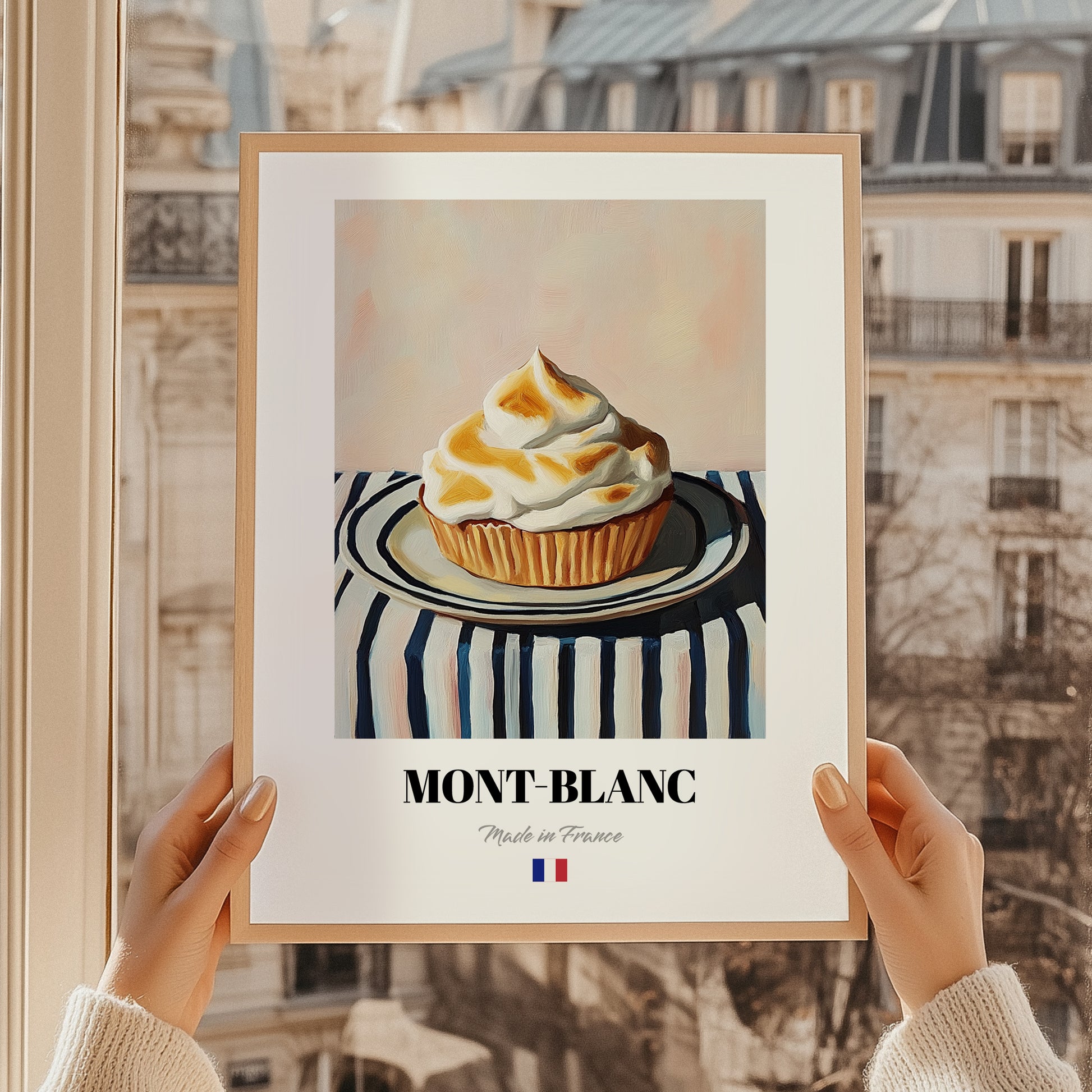 Mont-Blanc – on Striped Tablecloth, French French Dessert Still Life, styled in a charming Paris street view