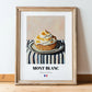 Mont-Blanc – on Striped Tablecloth, French French Dessert Still Life, in wooden frame leaning on the floor