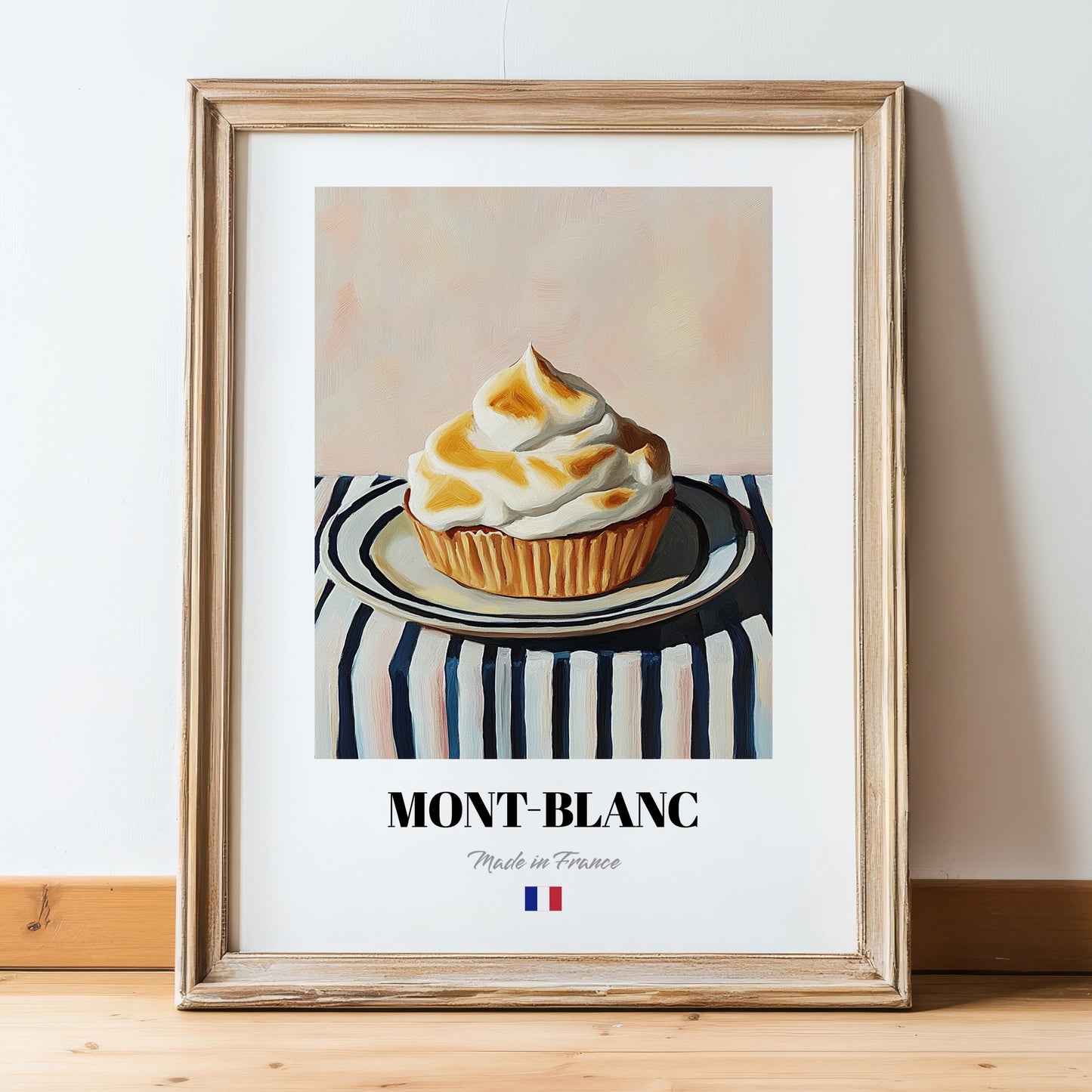 Mont-Blanc – on Striped Tablecloth, French French Dessert Still Life, in wooden frame leaning on the floor