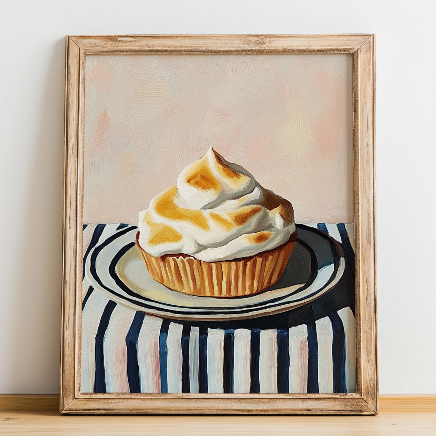 Mont-Blanc – on Striped Tablecloth, French French Dessert Still Life, no-text version framed in wood