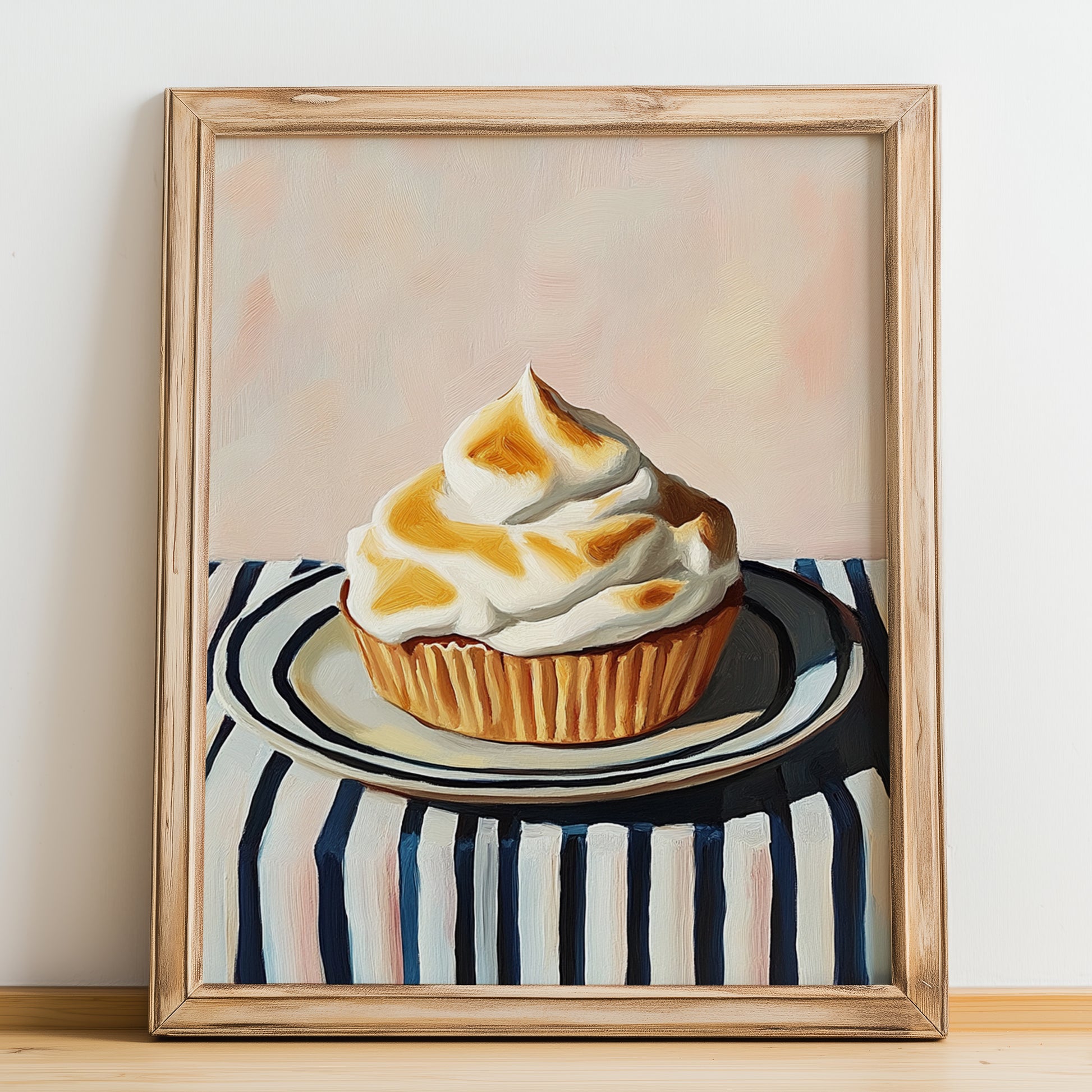 Mont-Blanc – on Striped Tablecloth, French French Dessert Still Life, no-text version framed in wood