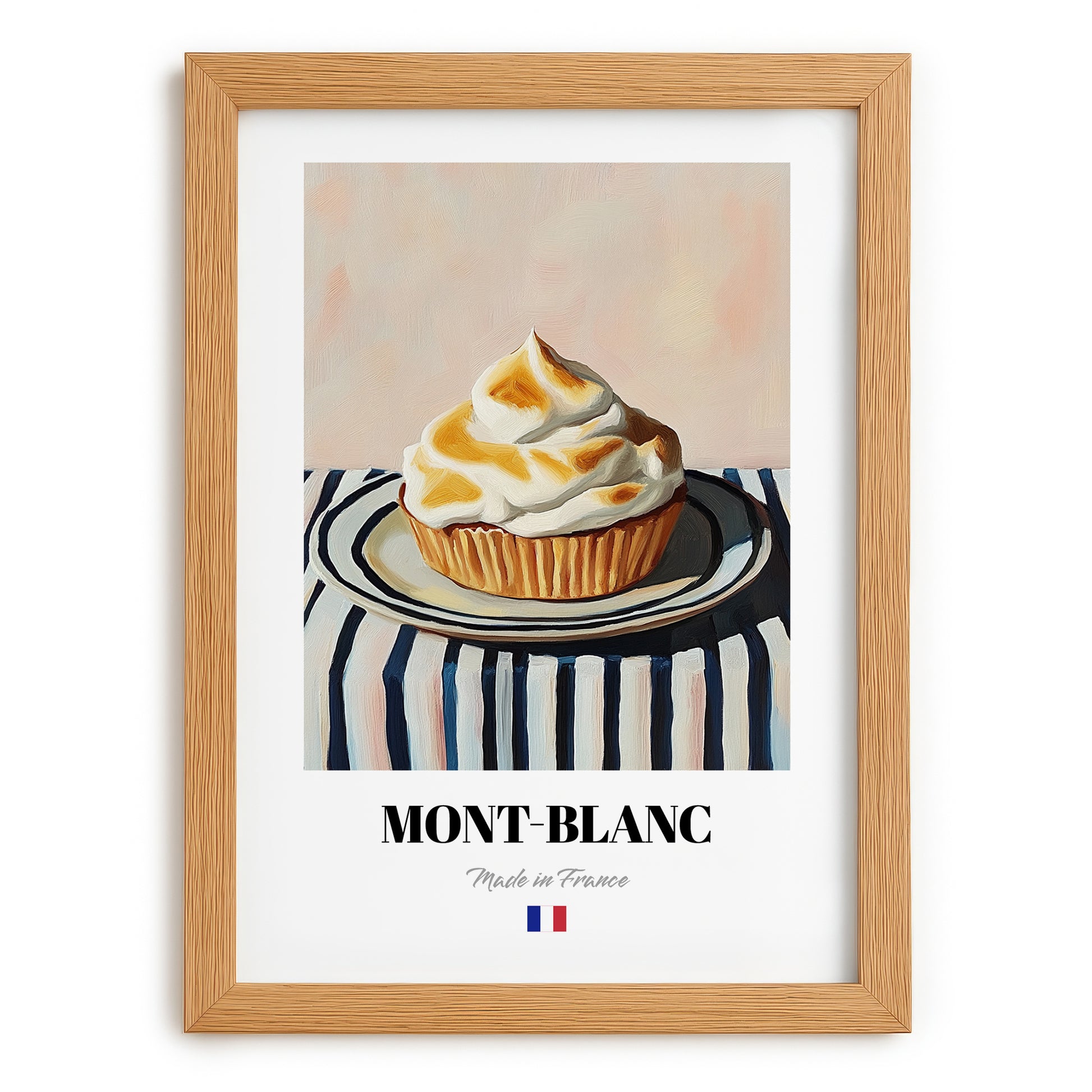 Mont-Blanc – on Striped Tablecloth, French French Dessert Still Life, set in oak frame