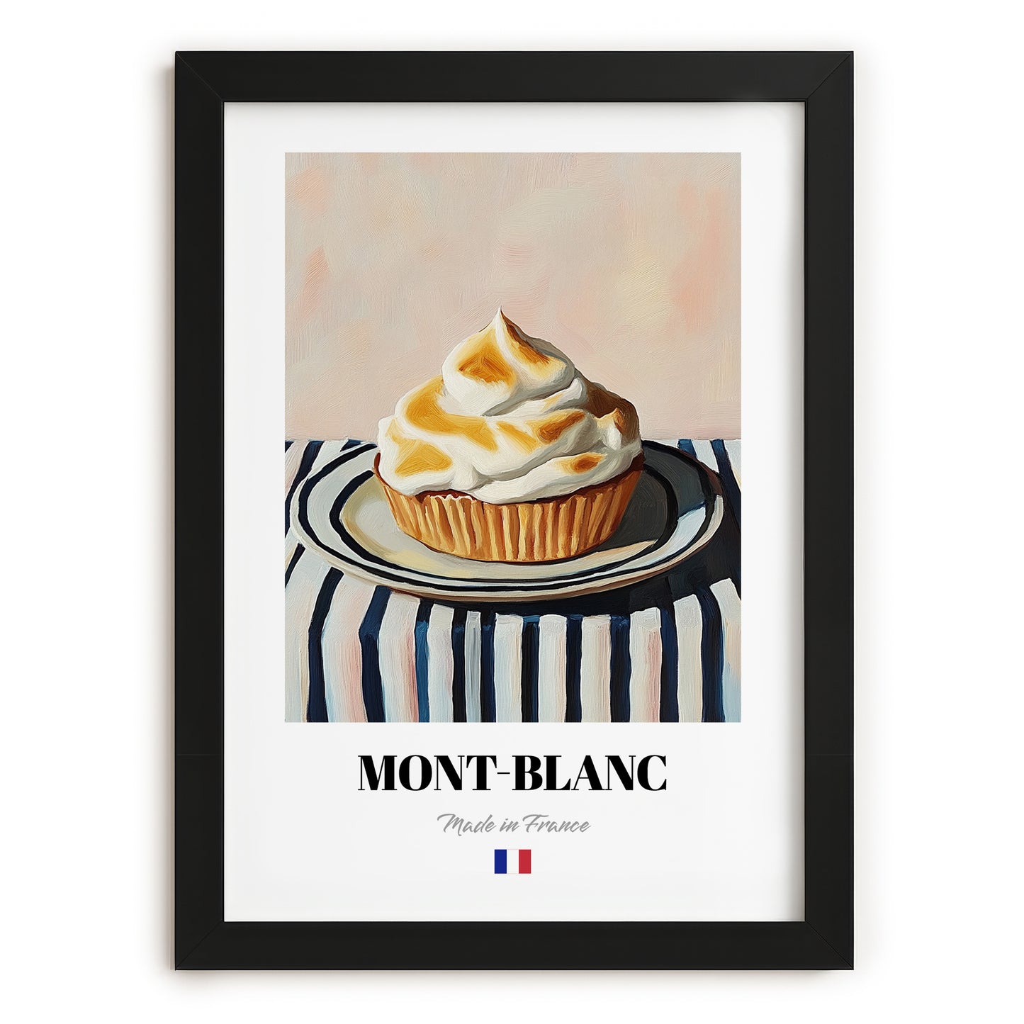 Mont-Blanc – on Striped Tablecloth, French French Dessert Still Life, in sleek black frame