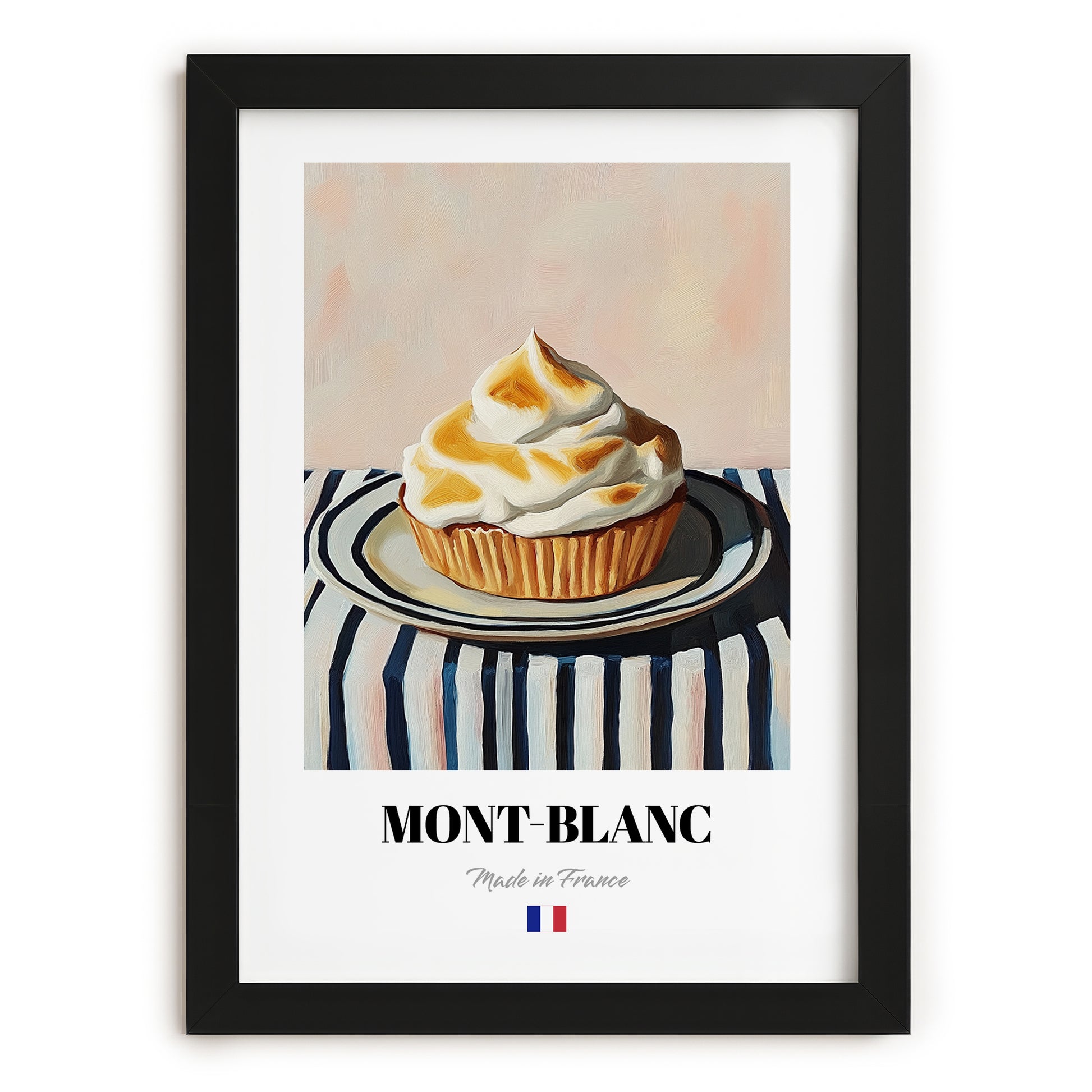 Mont-Blanc – on Striped Tablecloth, French French Dessert Still Life, in sleek black frame