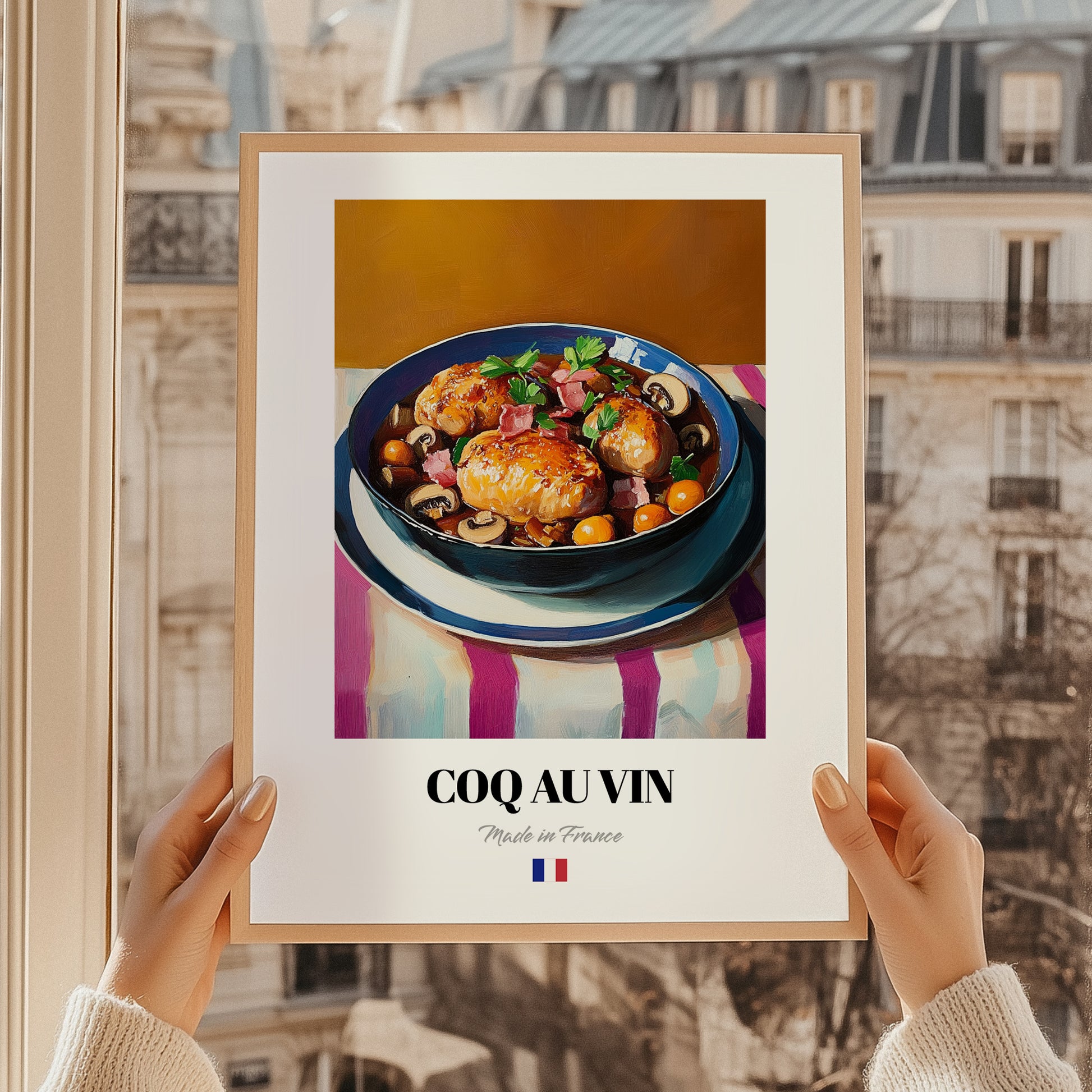 Coq au Vin – Art, French Food Wall Decor, styled in a charming Paris street view