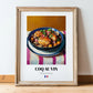 Coq au Vin – Art, French Food Wall Decor, in wooden frame leaning on the floor