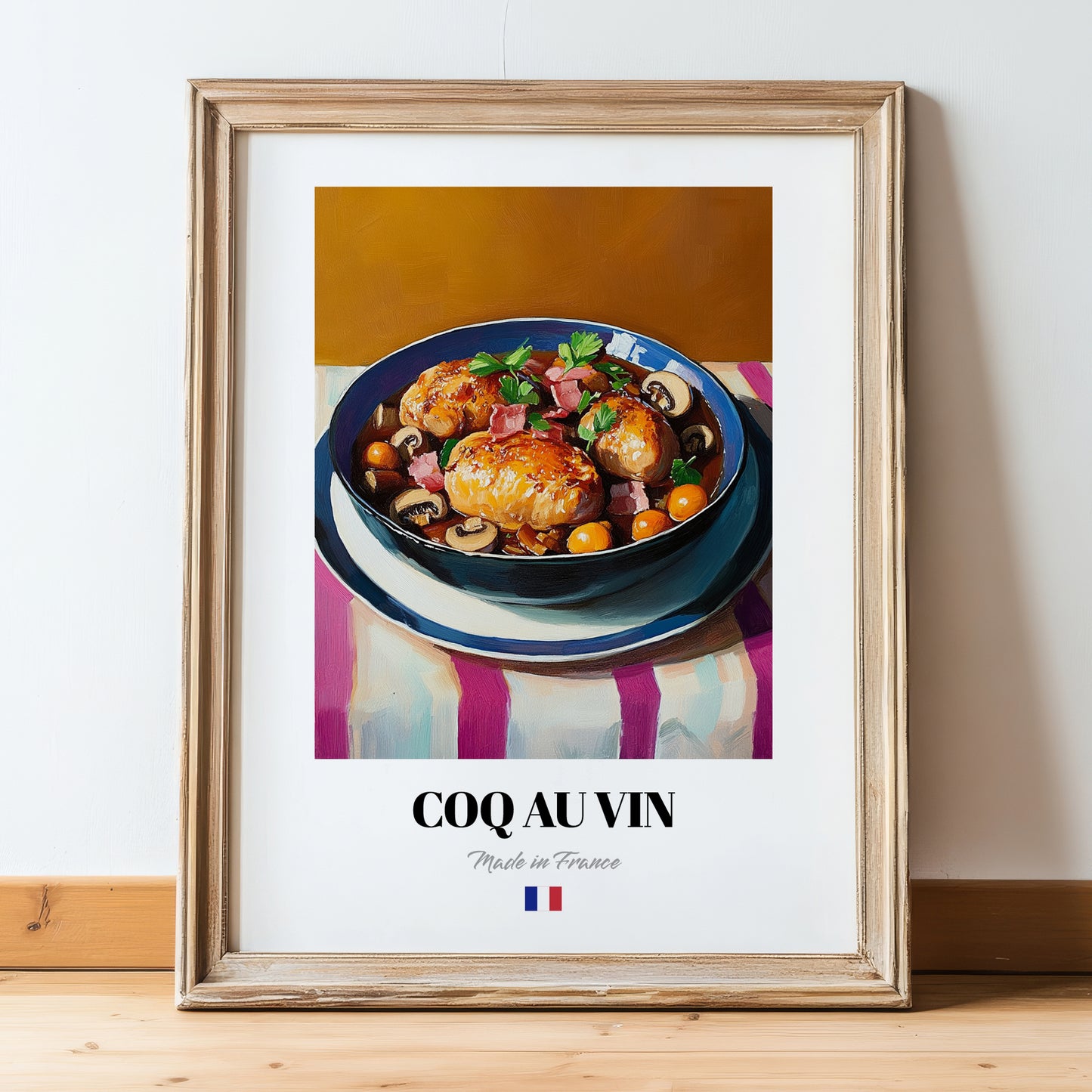 Coq au Vin – Art, French Food Wall Decor, in wooden frame leaning on the floor