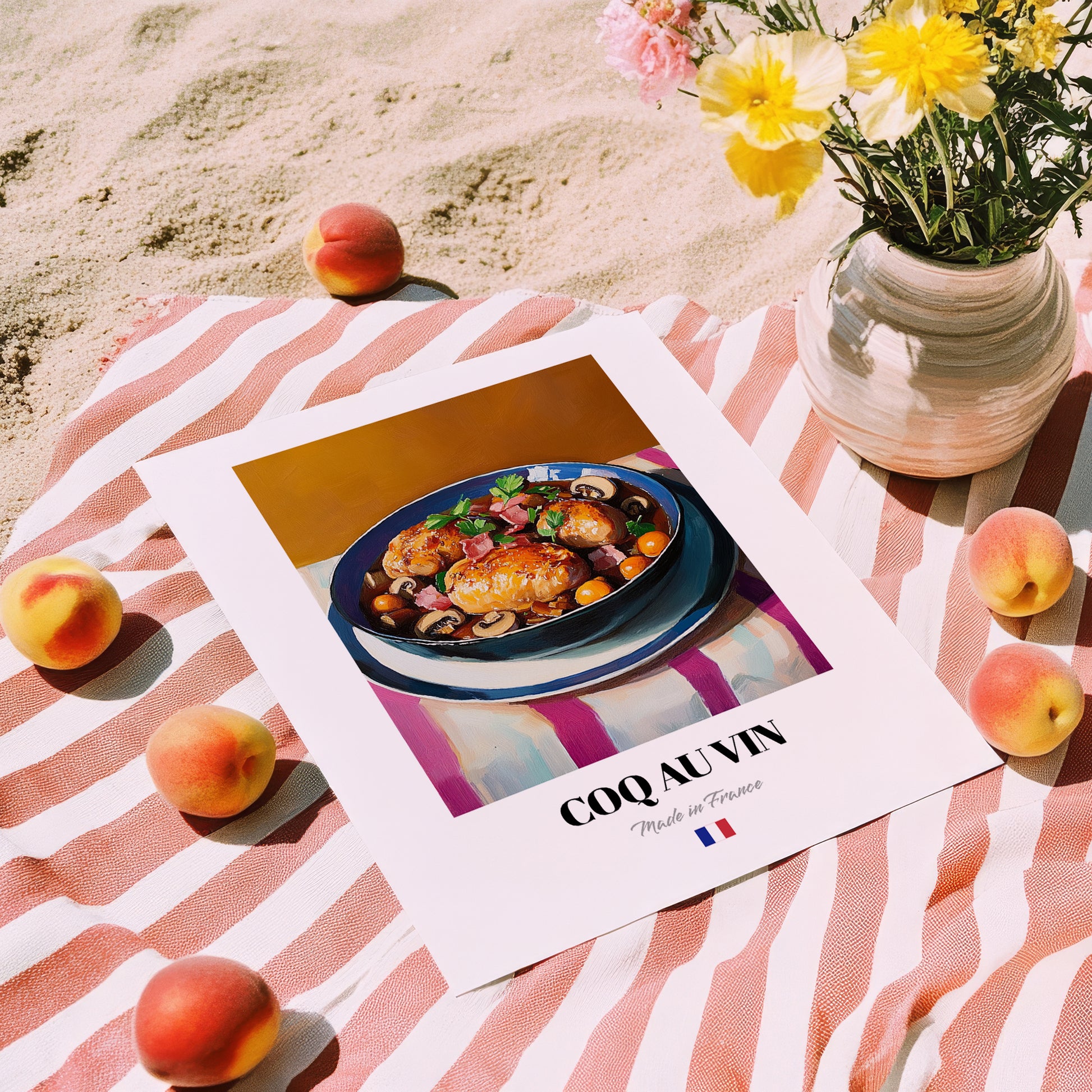 Coq au Vin – Art, French Food Wall Decor, unframed on coastal sand