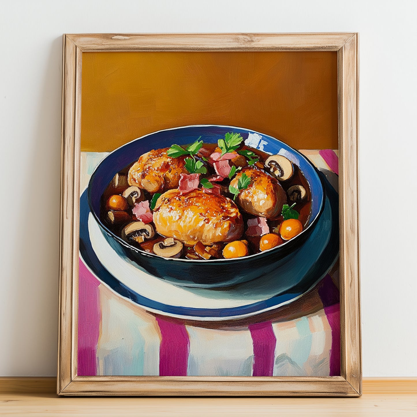 Coq au Vin – Art, French Food Wall Decor, no-text version framed in wood