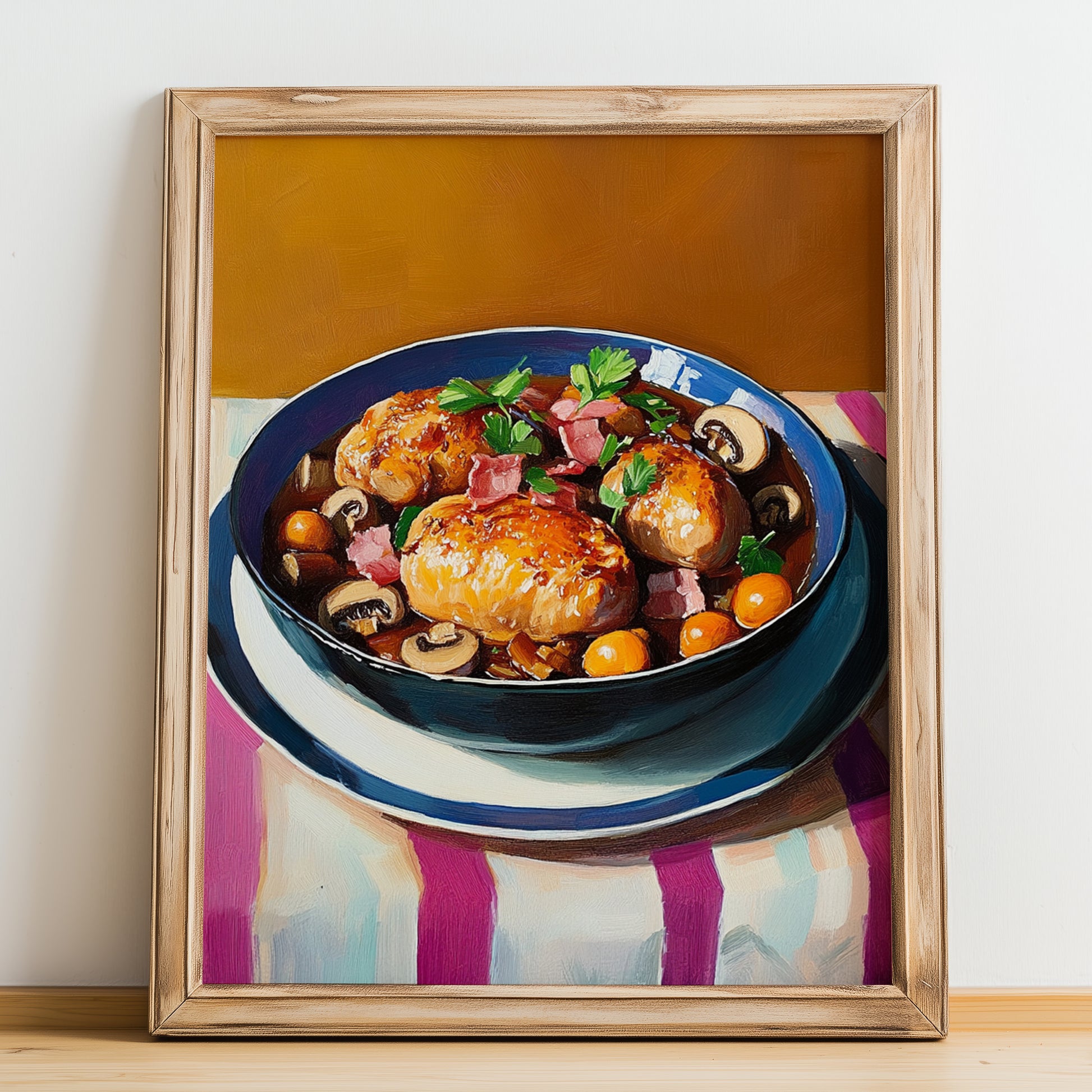 Coq au Vin – Art, French Food Wall Decor, no-text version framed in wood