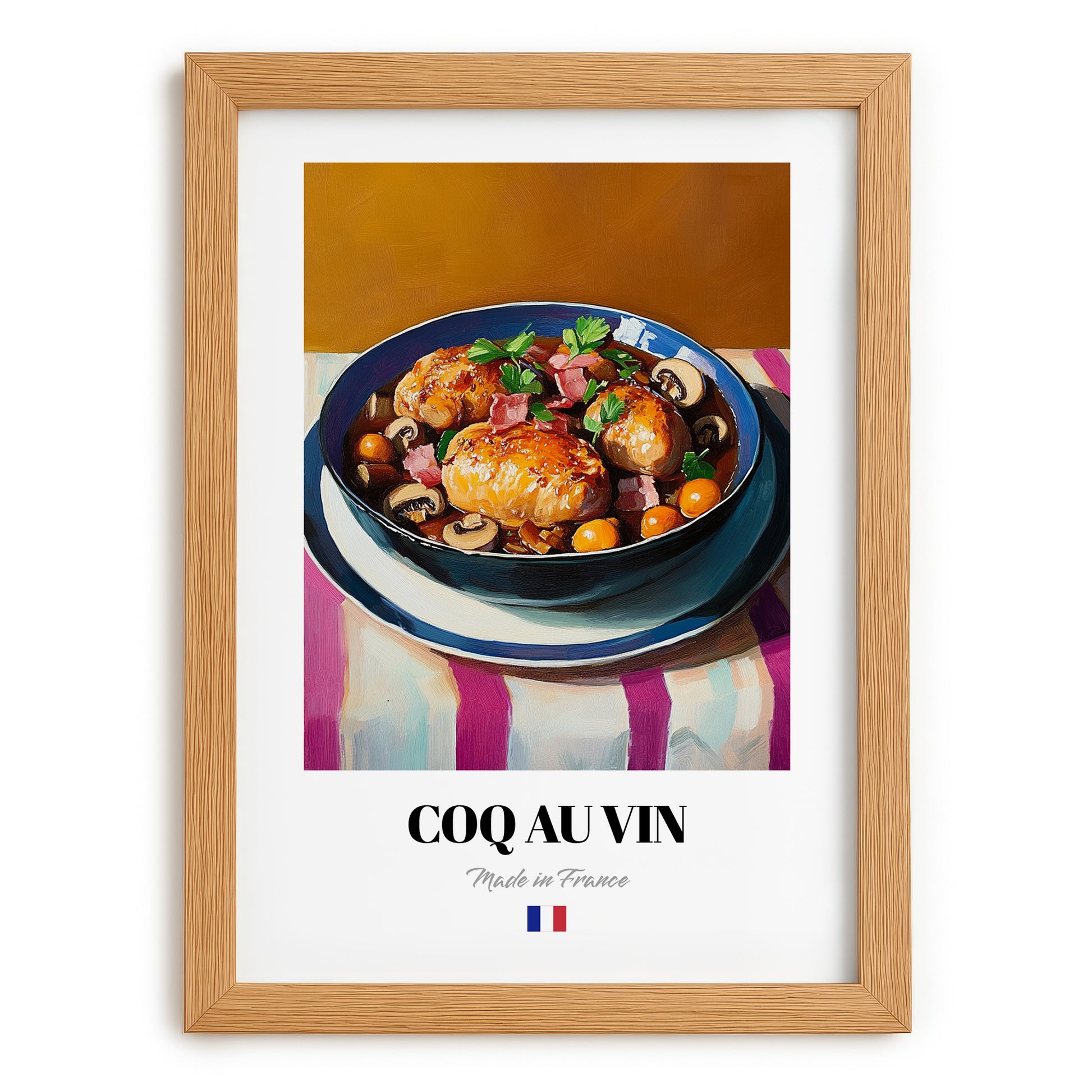 Coq au Vin – Art, French Food Wall Decor, set in oak frame