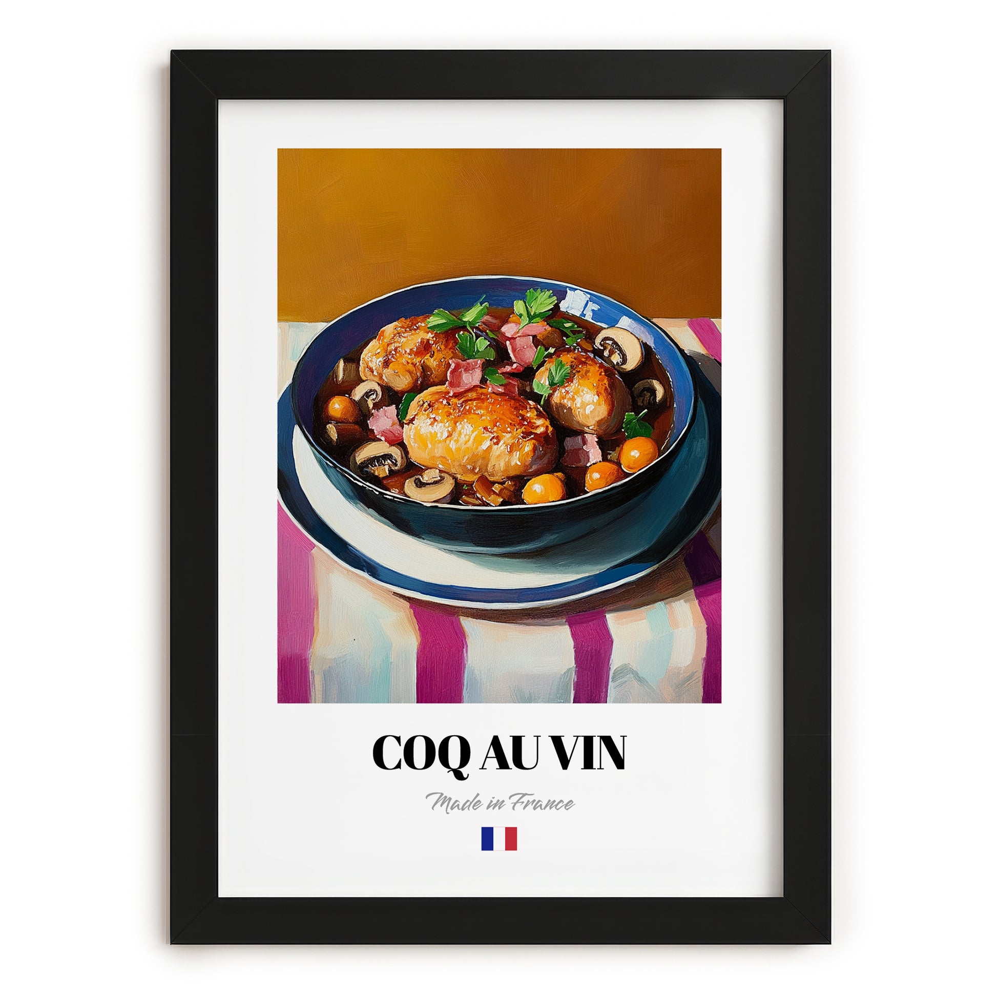 Coq au Vin – Art, French Food Wall Decor, in sleek black frame