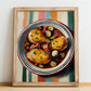 Coq au Vin – on Striped Tablecloth, French Food Poster, no-text version framed in wood