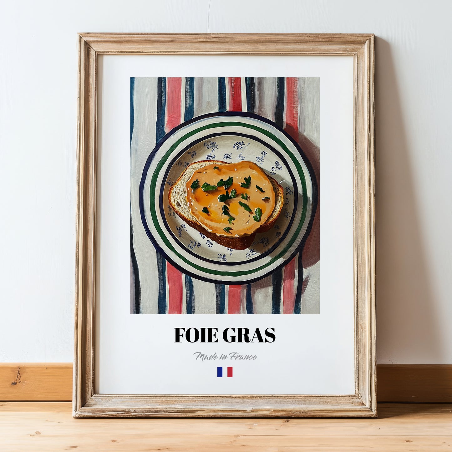Foie Gras – Colorful Oil Painting, French Food Painting, in wooden frame leaning on the floor