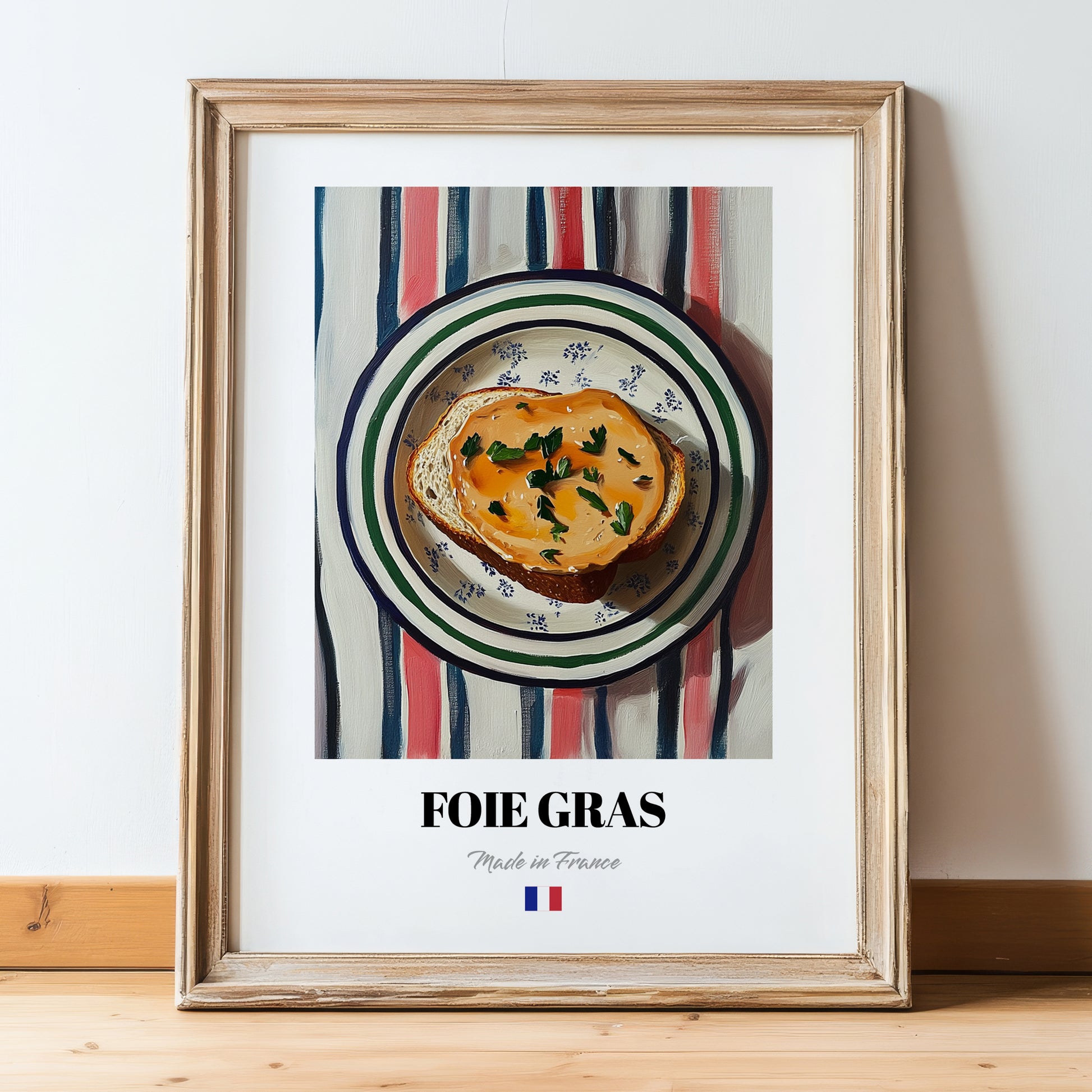 Foie Gras – Colorful Oil Painting, French Food Painting, in wooden frame leaning on the floor