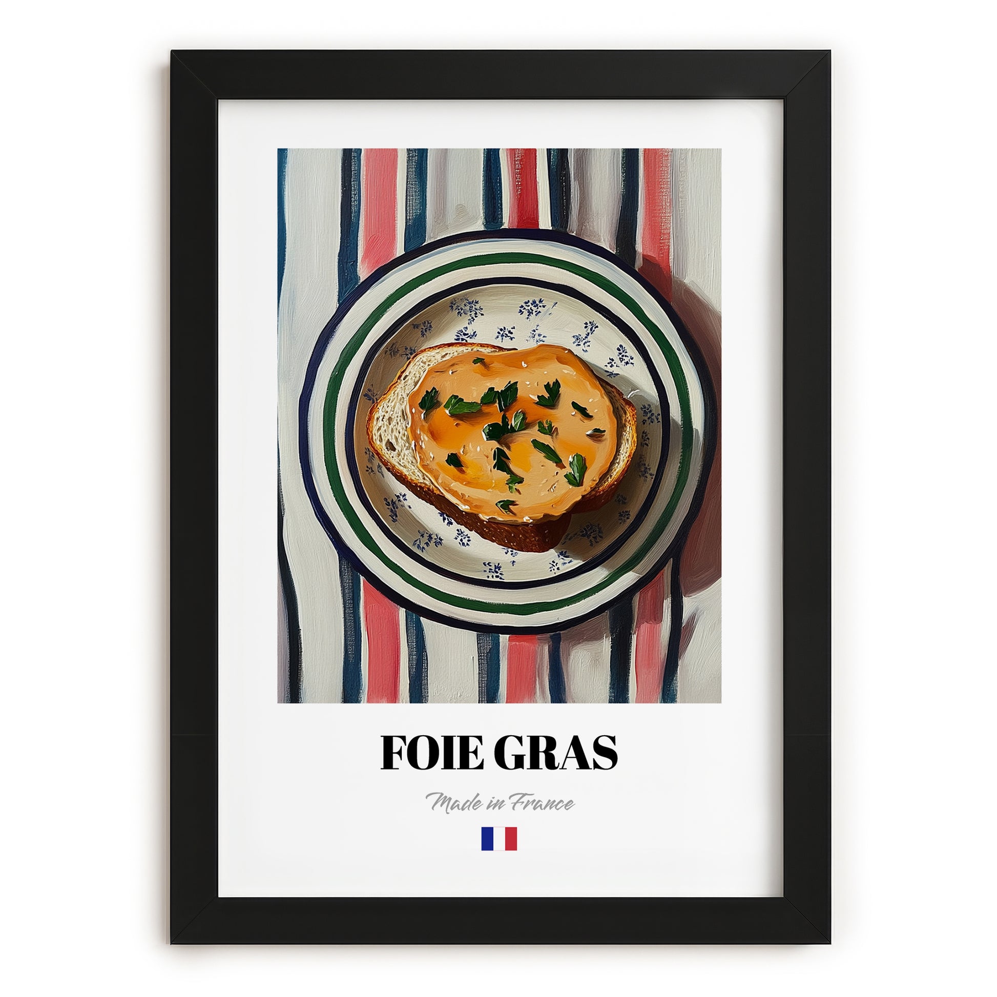 Foie Gras – Colorful Oil Painting, French Food Painting, in sleek black frame