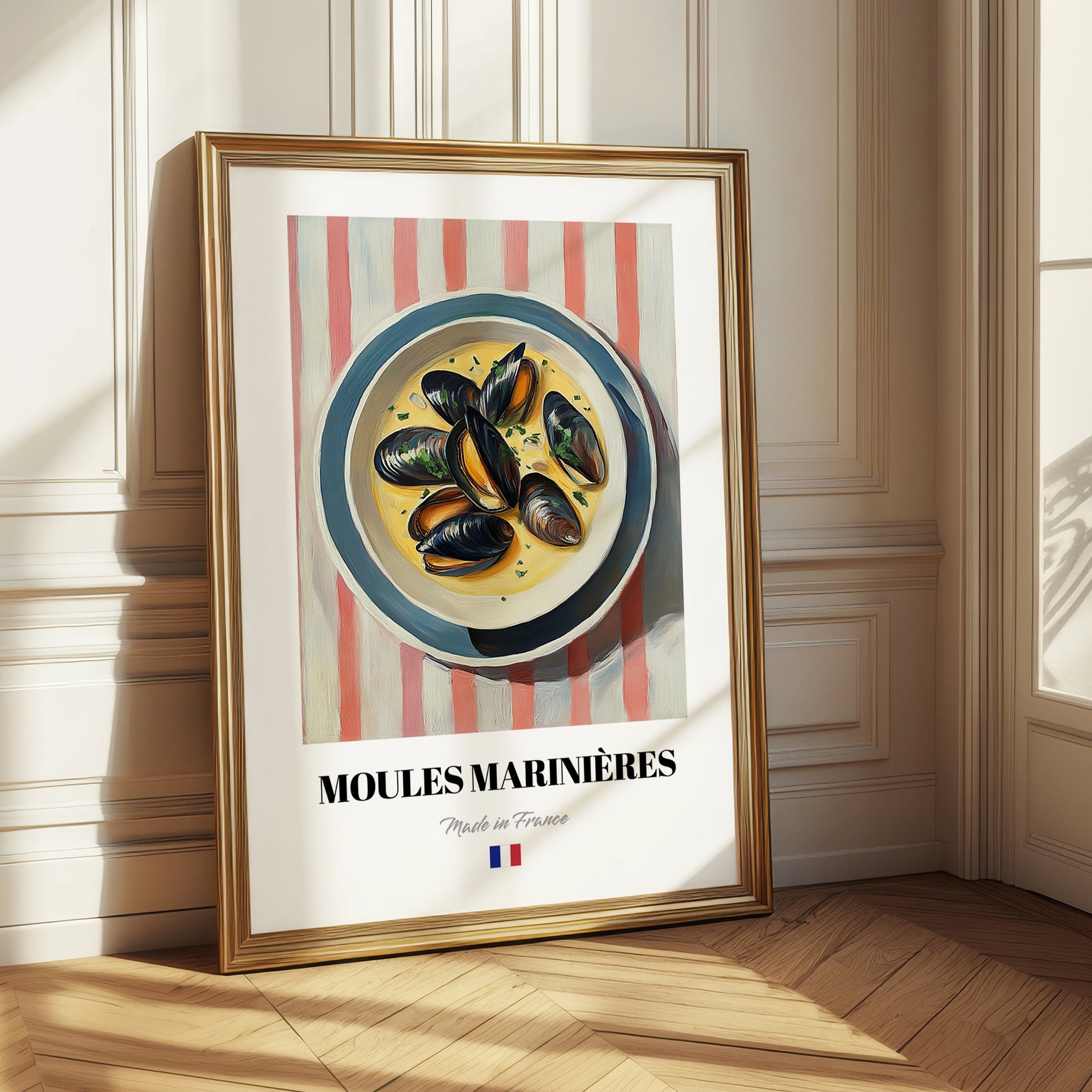 Moules Marinières – on Striped Tablecloth, French Food Art
