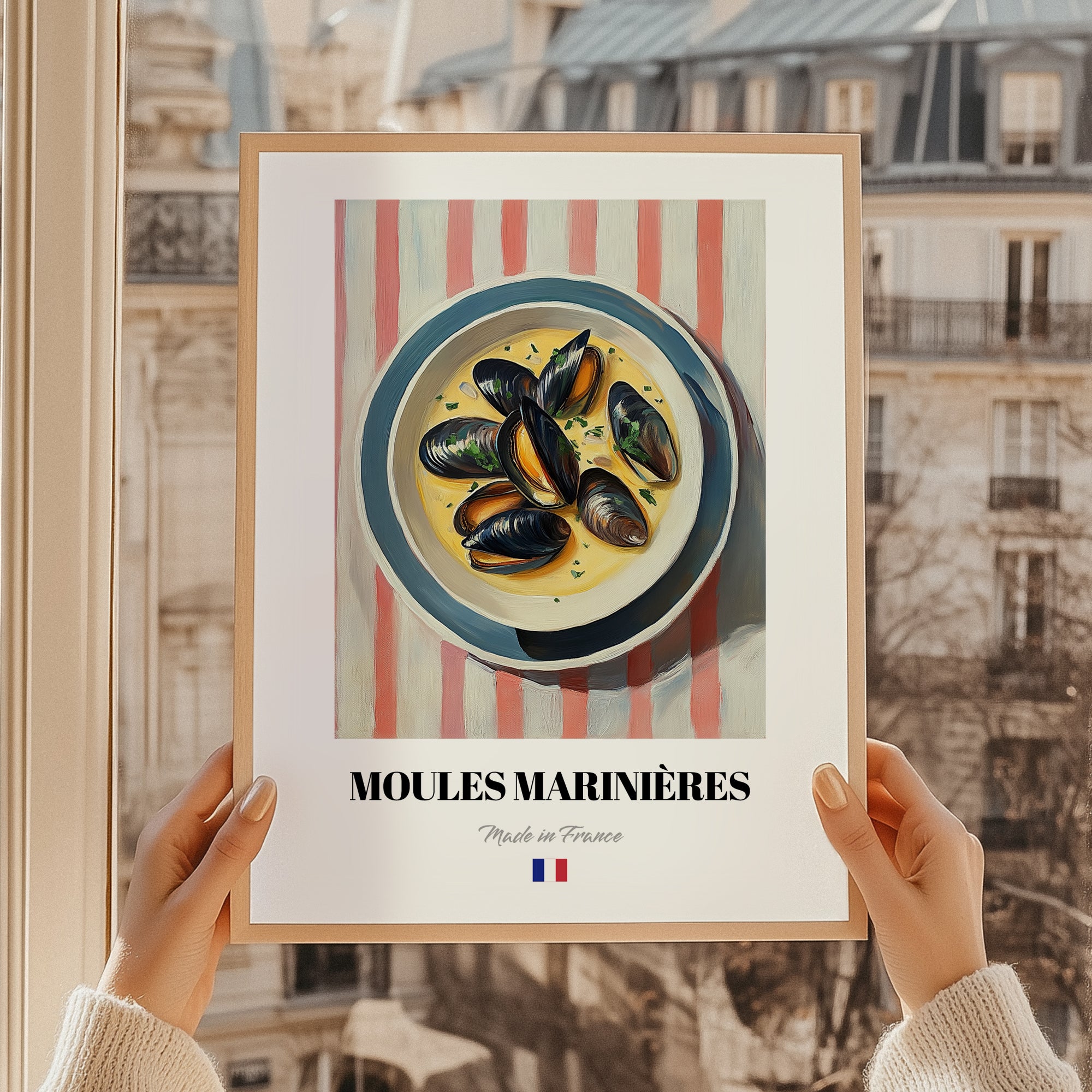 Moules Marinières – on Striped Tablecloth, French Food Art, styled in a charming Paris street view
