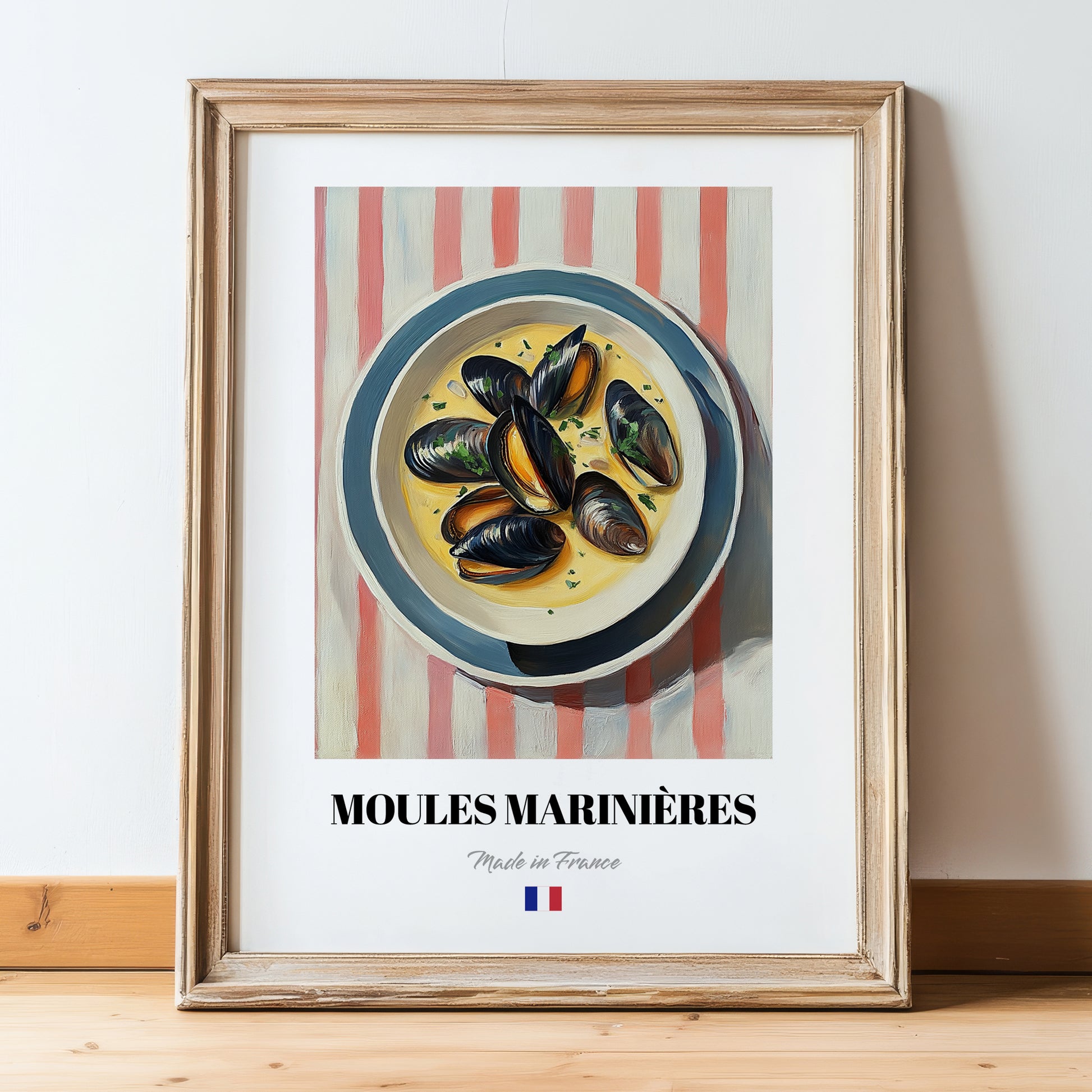 Moules Marinières – on Striped Tablecloth, French Food Art, in wooden frame leaning on the floor