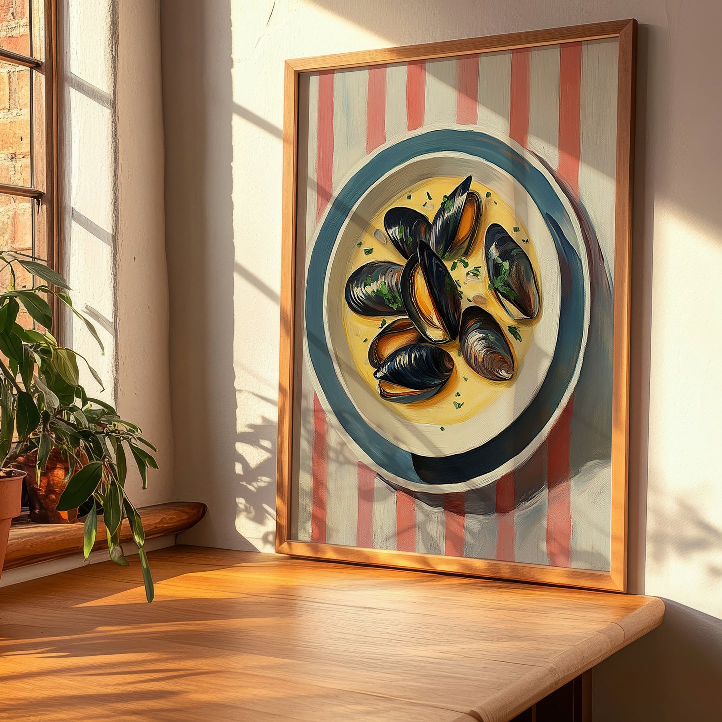 Moules Marinières – on Striped Tablecloth, French Food Art, clean layout with no caption