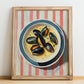 Moules Marinières – on Striped Tablecloth, French Food Art, no-text version framed in wood