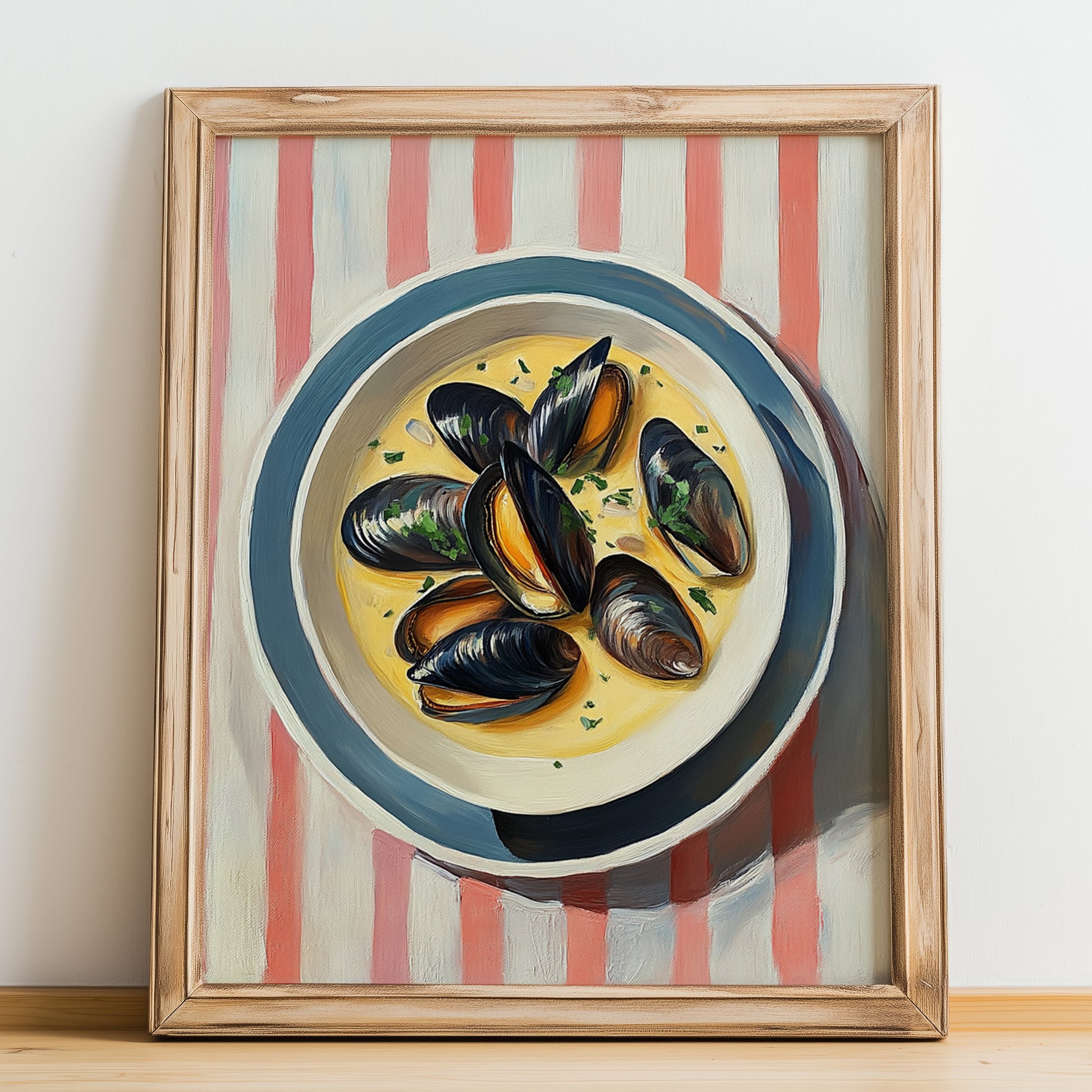 Moules Marinières – on Striped Tablecloth, French Food Art, no-text version framed in wood