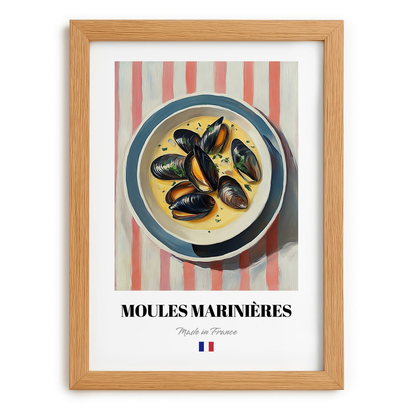 Moules Marinières – on Striped Tablecloth, French Food Art, set in oak frame