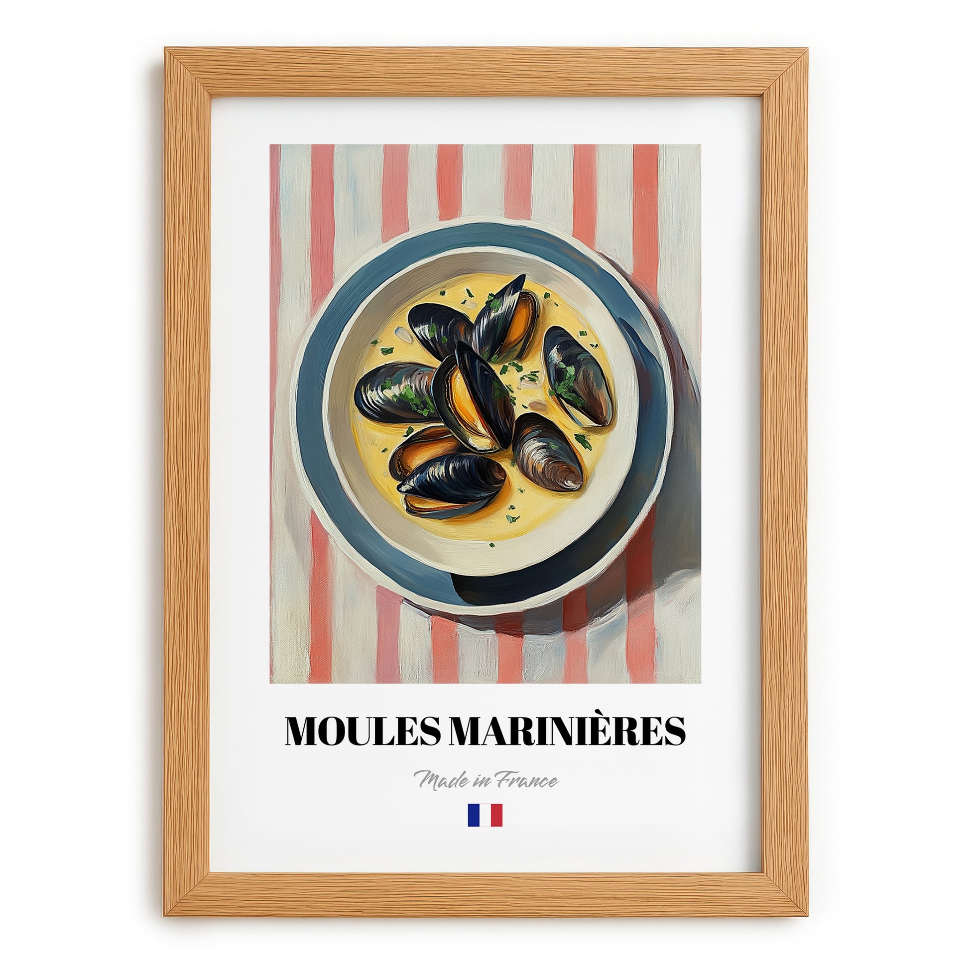 Moules Marinières – on Striped Tablecloth, French Food Art, set in oak frame