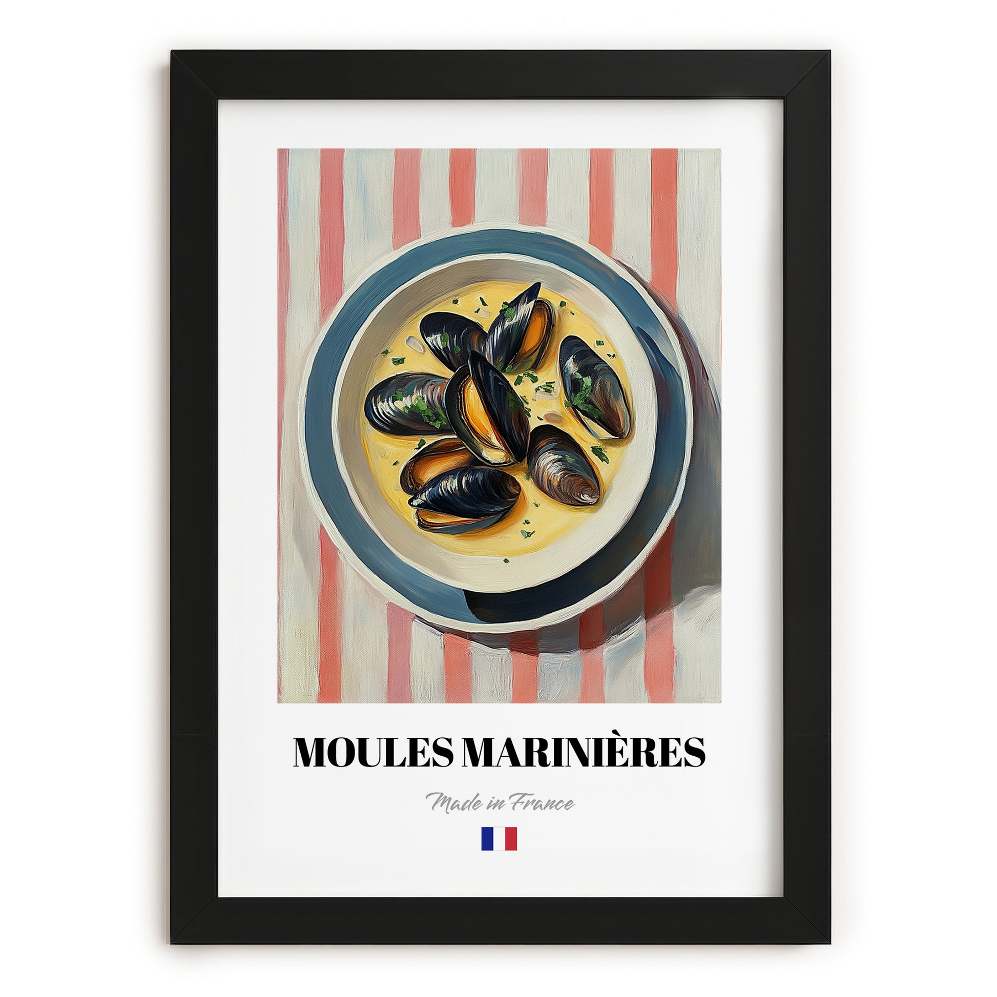 Moules Marinières – on Striped Tablecloth, French Food Art, in sleek black frame