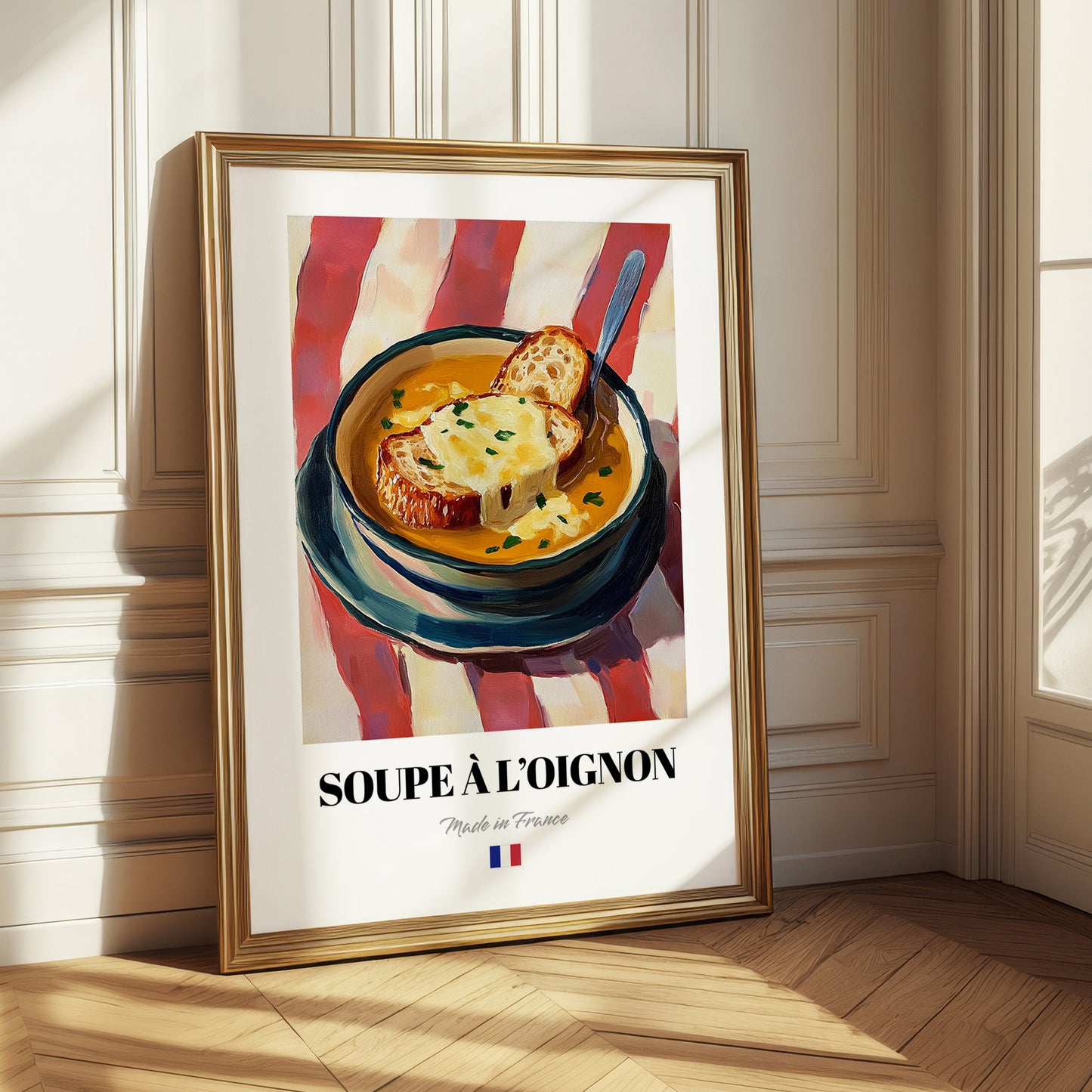 Soupe à l’Oignon – on Striped Tablecloth, French Food Poster