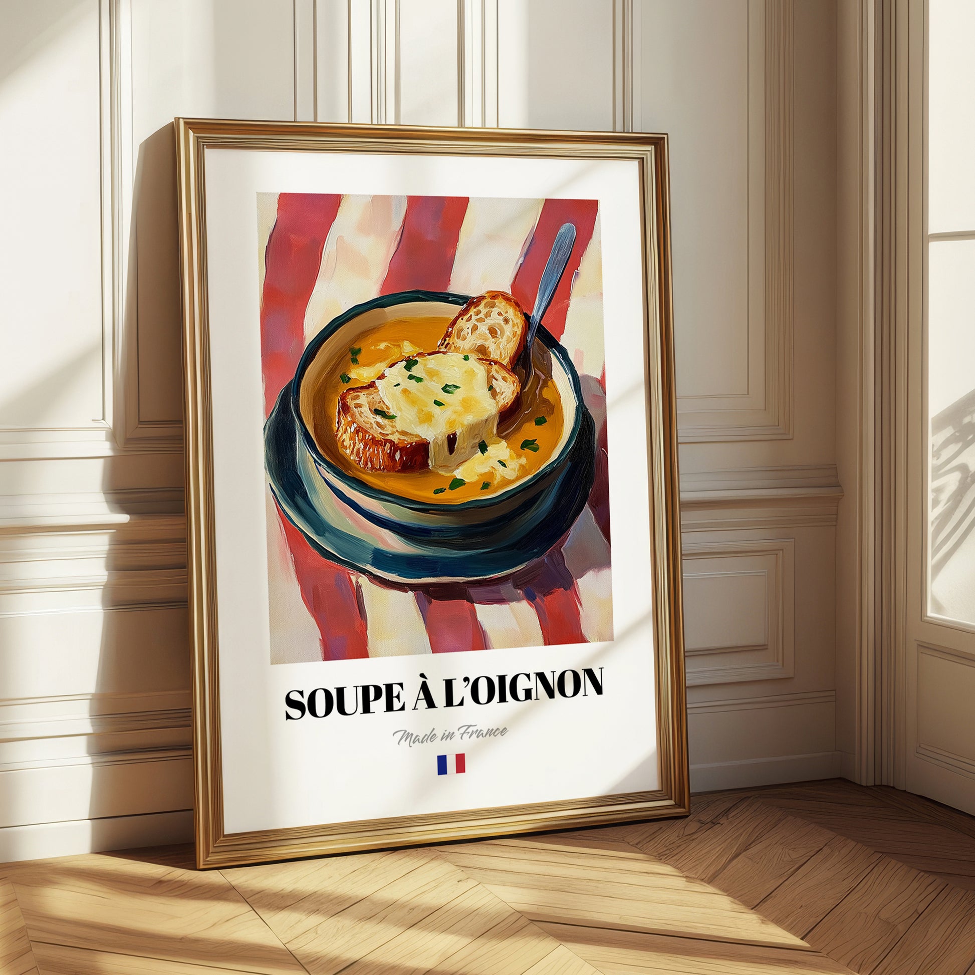 Soupe à l’Oignon – on Striped Tablecloth, French Food Poster