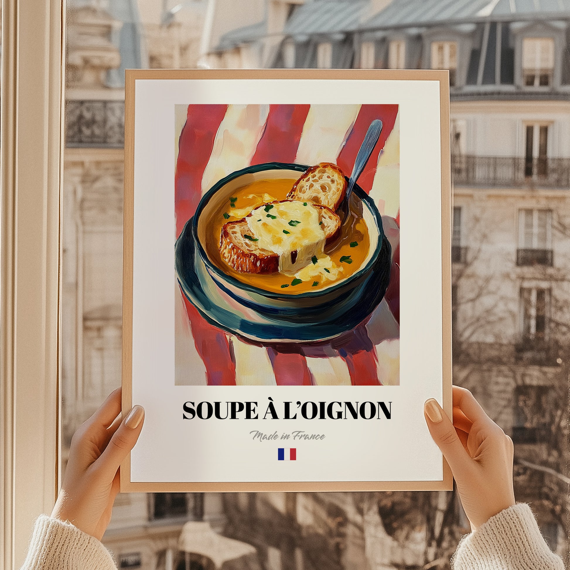 Soupe à l’Oignon – on Striped Tablecloth, French Food Poster, styled in a charming Paris street view