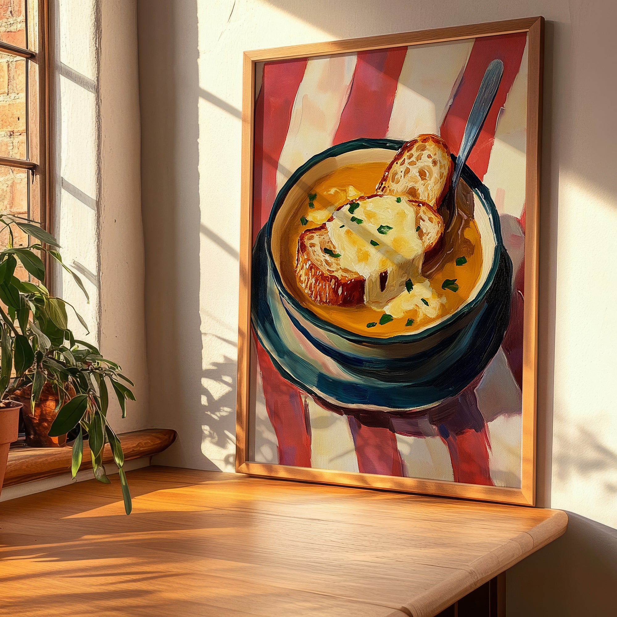 Soupe à l’Oignon – on Striped Tablecloth, French Food Poster, clean layout with no caption