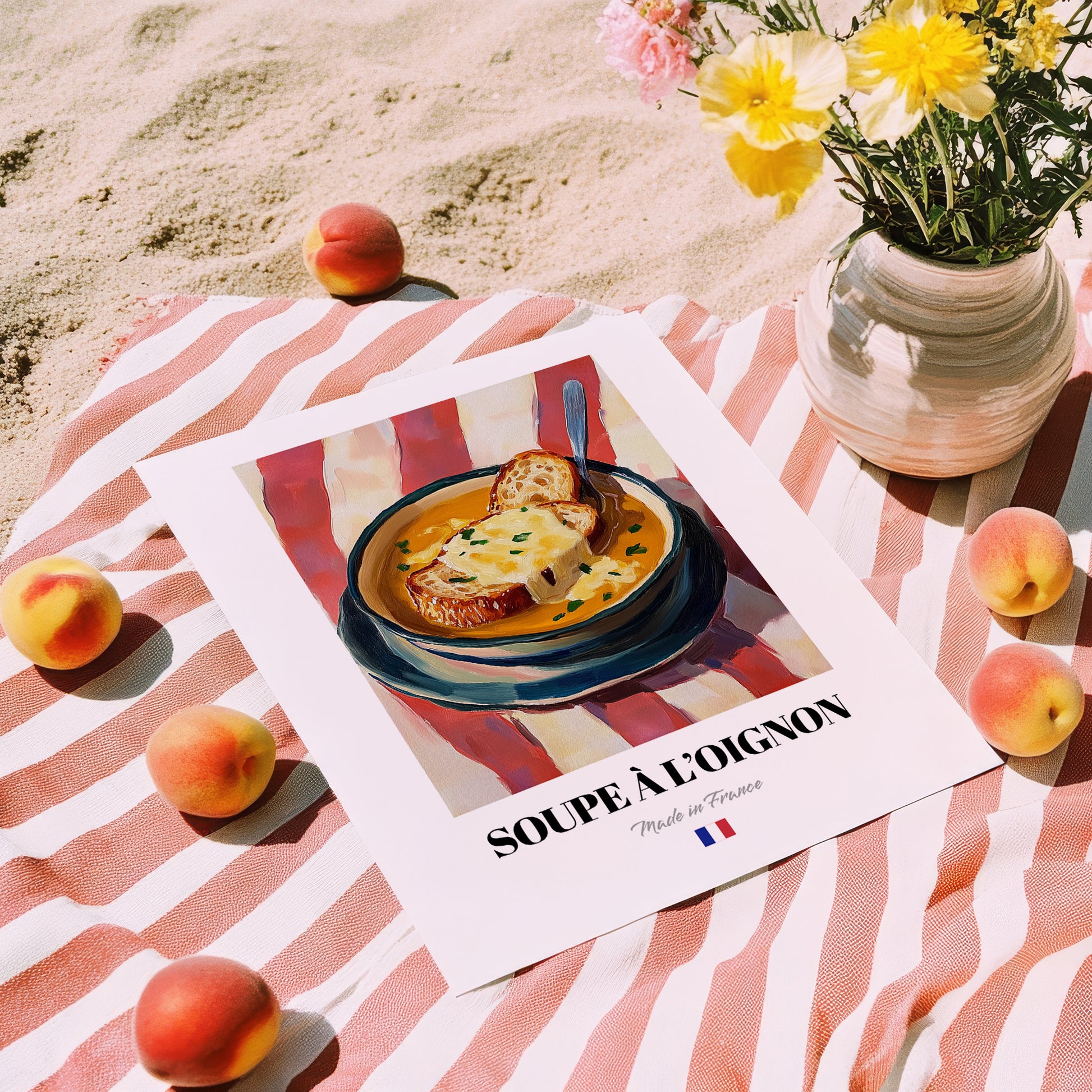Soupe à l’Oignon – on Striped Tablecloth, French Food Poster, unframed on coastal sand