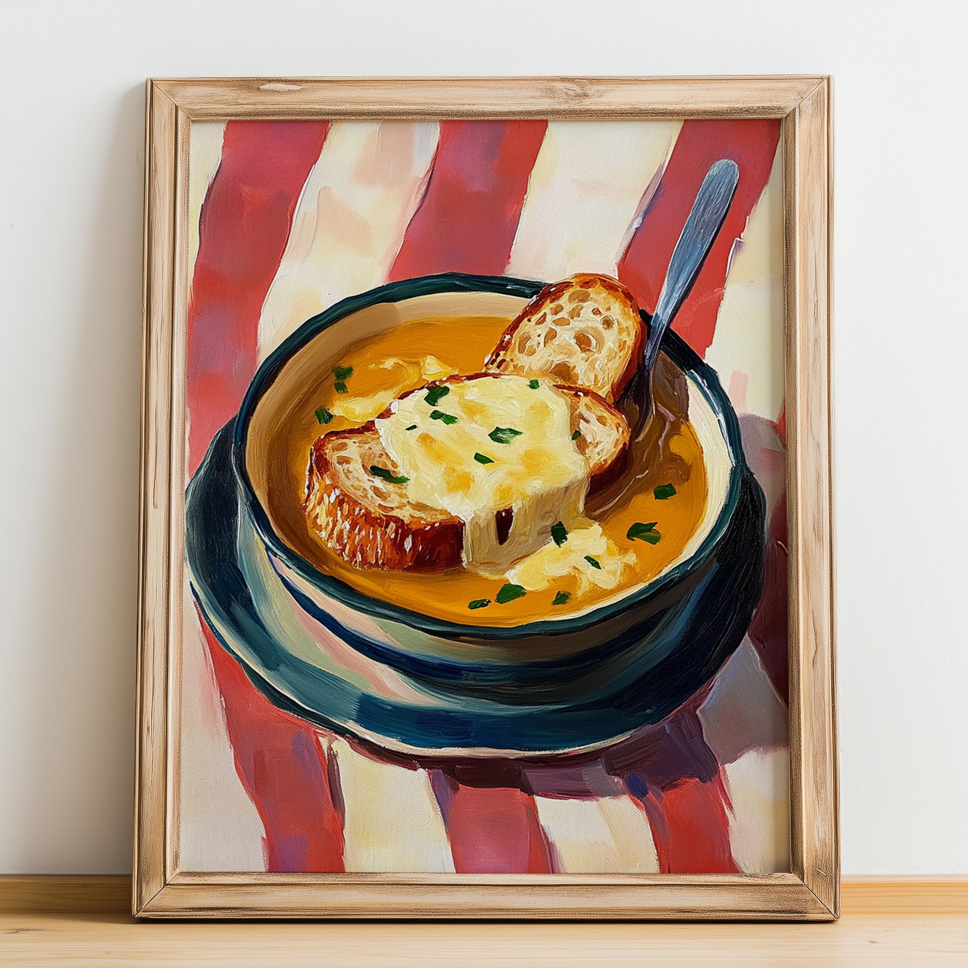 Soupe à l’Oignon – on Striped Tablecloth, French Food Poster, no-text version framed in wood