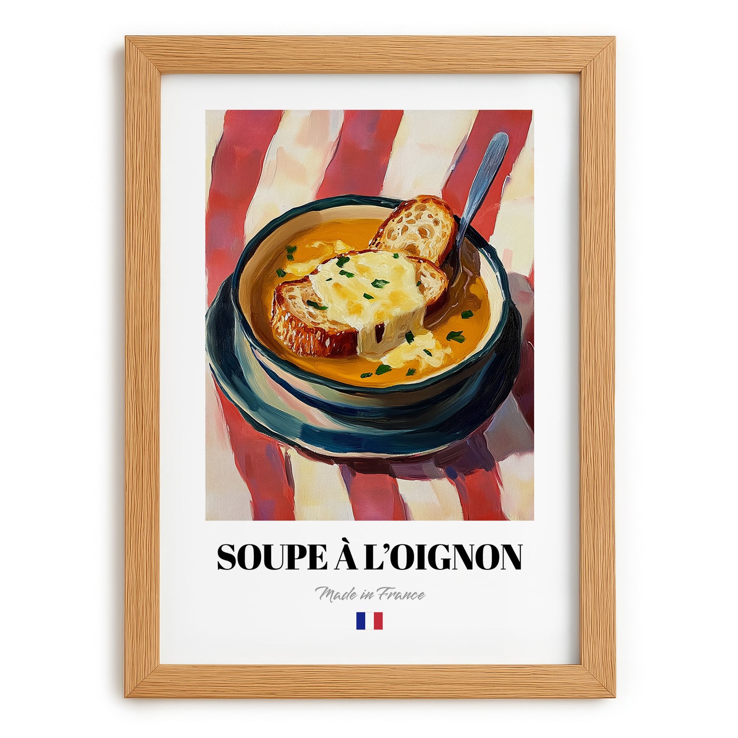 Soupe à l’Oignon – on Striped Tablecloth, French Food Poster, set in oak frame