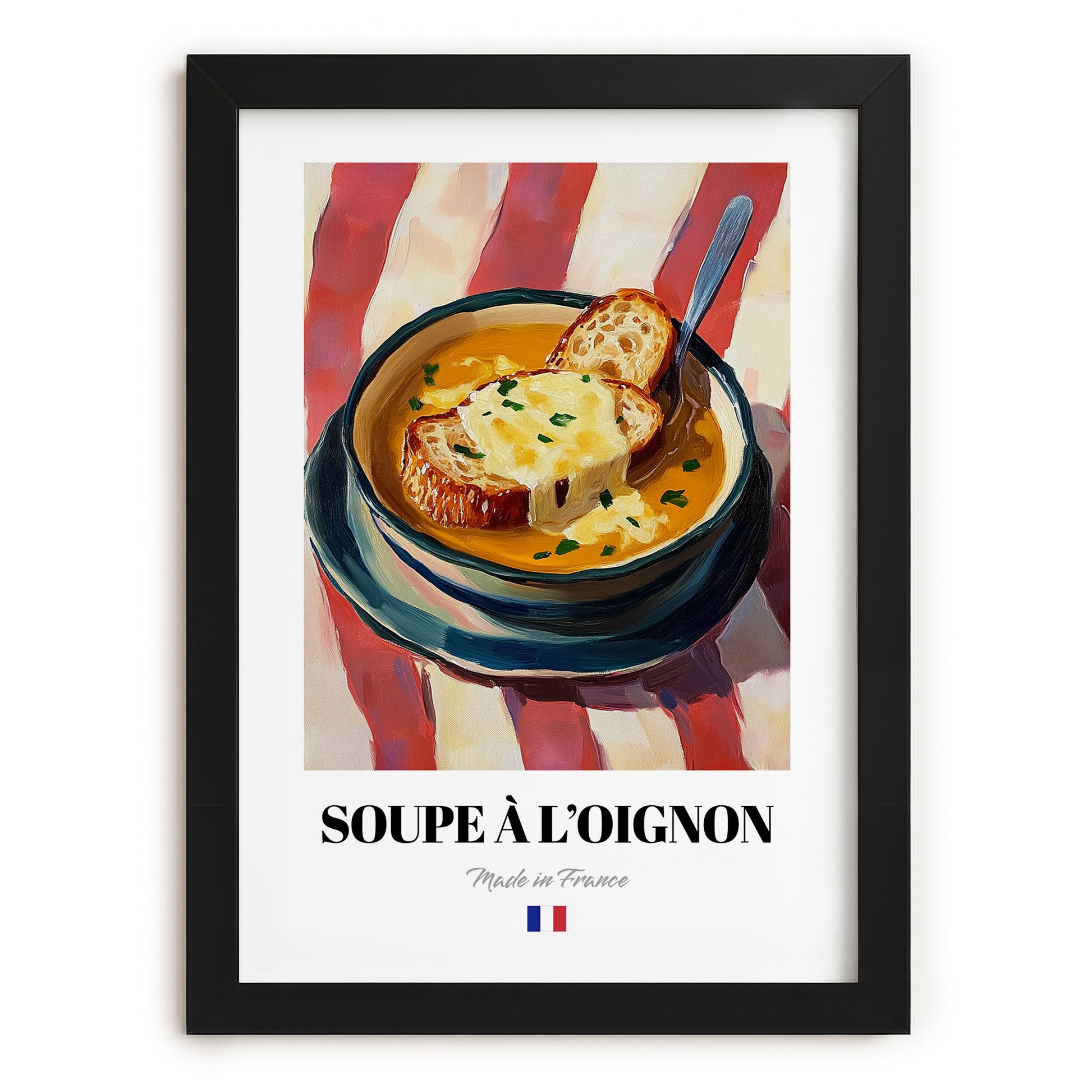 Soupe à l’Oignon – on Striped Tablecloth, French Food Poster, in sleek black frame