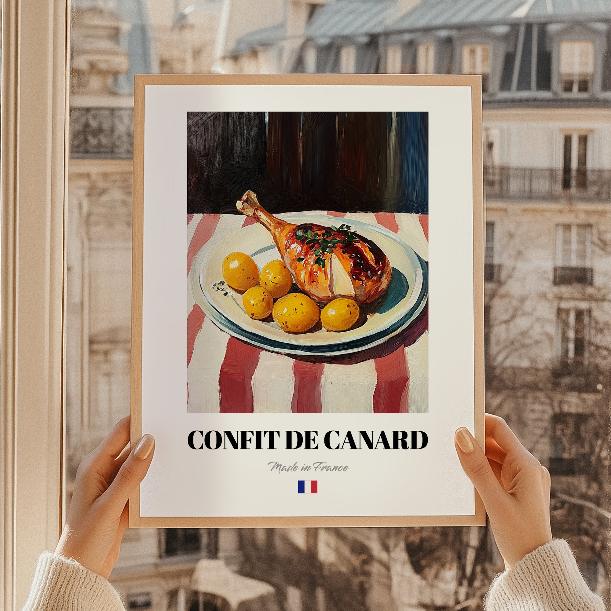 Confit de Canard – Art, French Food Poster, styled in a charming Paris street view